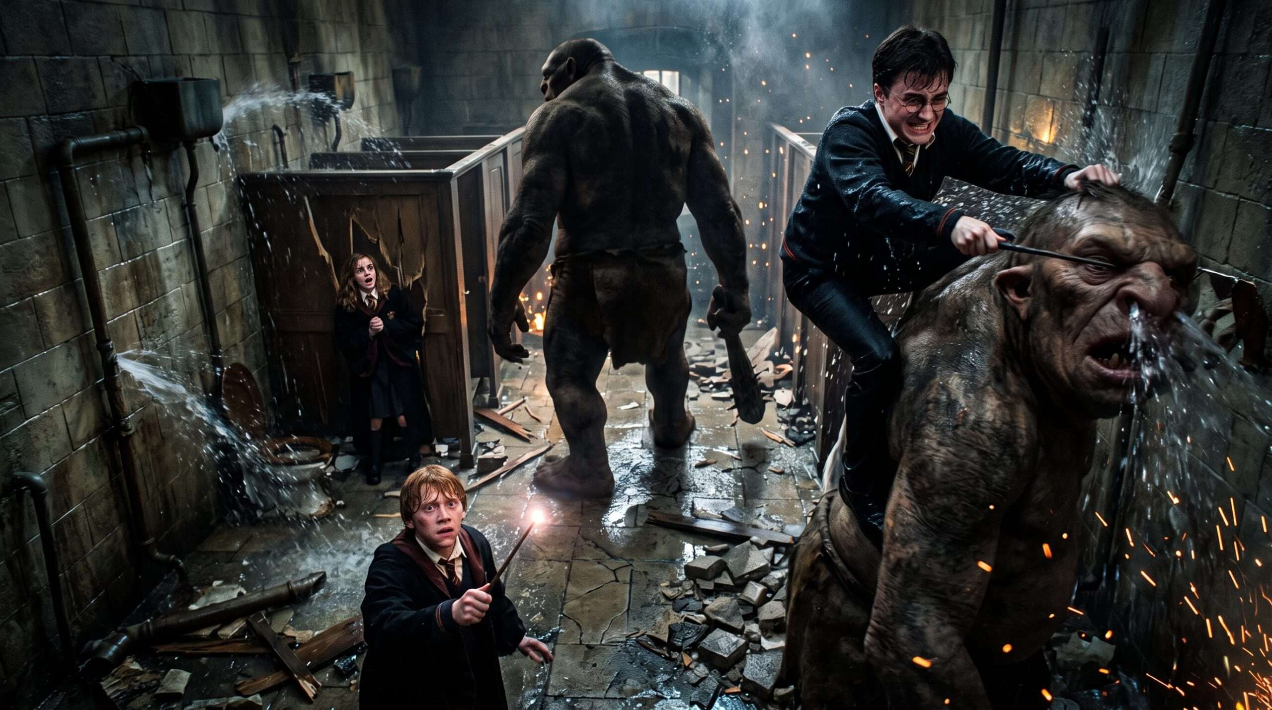 Dramatic cinematic view of Harry, Ron, and Hermione bravely confronting the Mountain Troll in a damaged Hogwarts girls' bathroom.