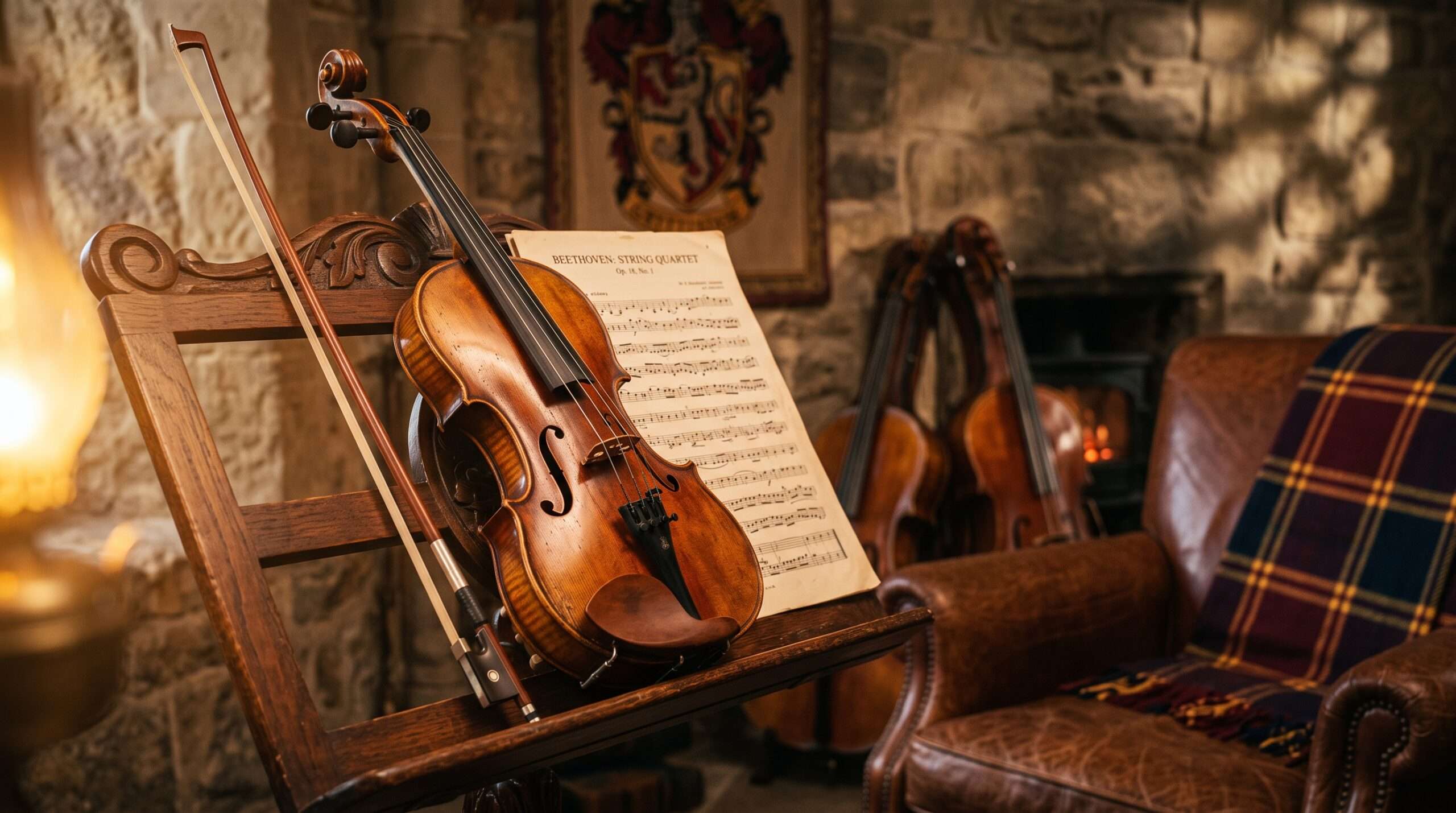 Antique violin and sheet music by candlelight in the Hogwarts headmaster’s office.