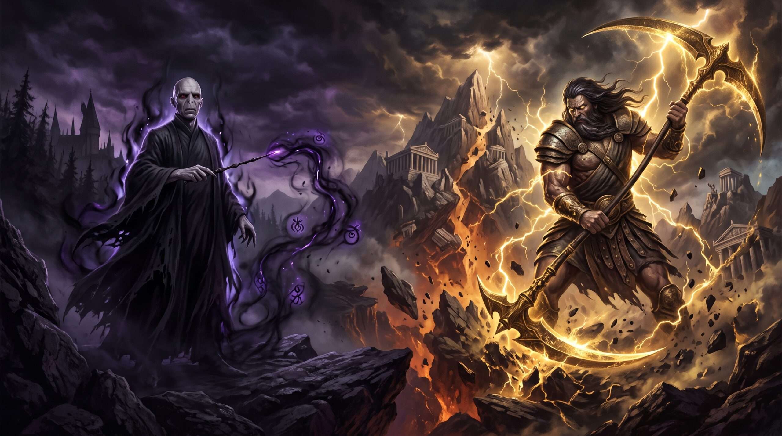 Dark fantasy image contrasting Lord Voldemort casting dark magic with the towering Titan Kronos and his golden scythe.