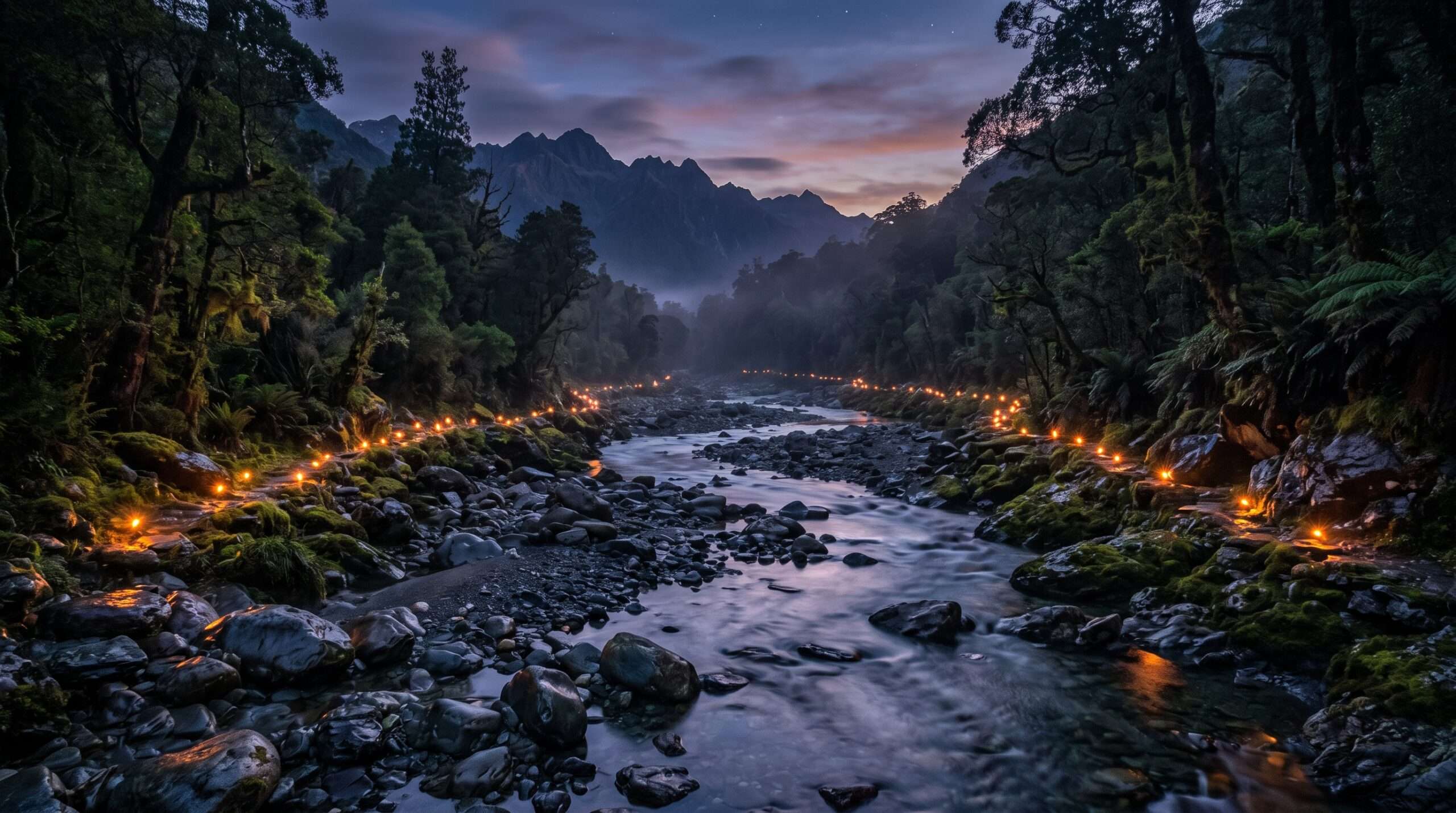 An ancient riverbed at twilight with fire-like lights, symbolizing the "Scamander" and "Salamander" etymology.
