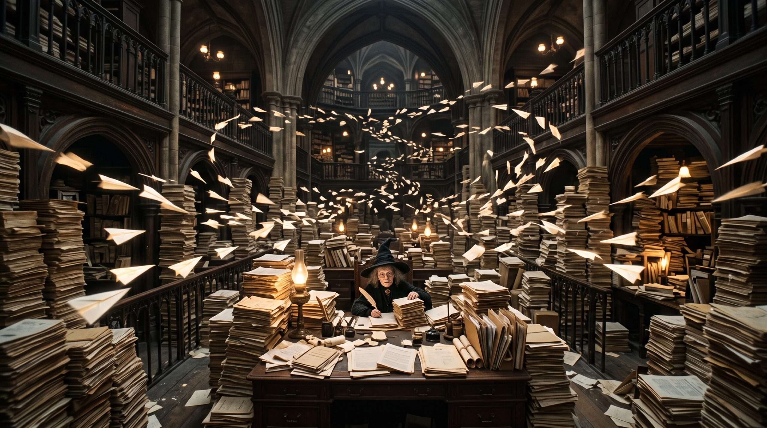 A scene depicting the mundane bureaucracy of the Ministry of Magic, grounding the fantasy world of J.K. Rowling in a realistic setting.