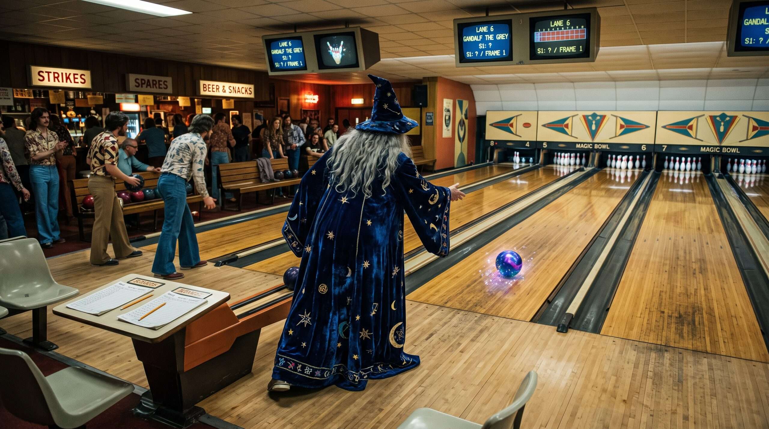 A wizard seen from behind throwing a bowling ball in a Muggle bowling alley.