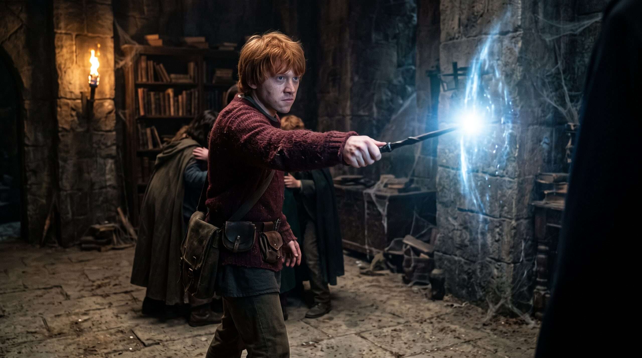 A brave red-haired young wizard standing defensively in a dark stone room with a glowing wand.