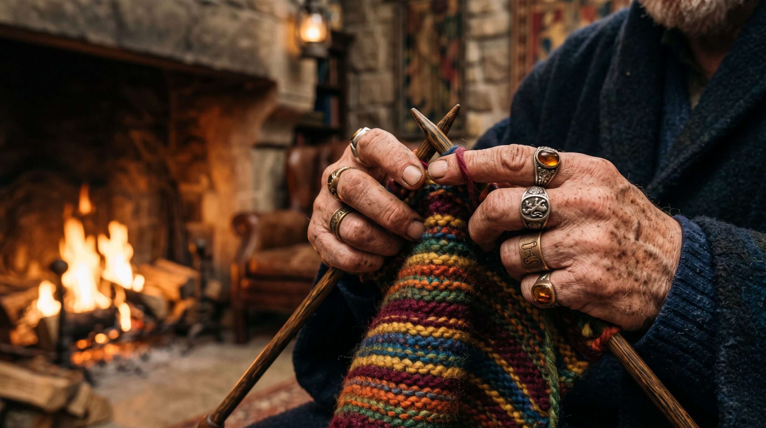 Close-up of Albus Dumbledore’s hands knitting with colorful yarn.