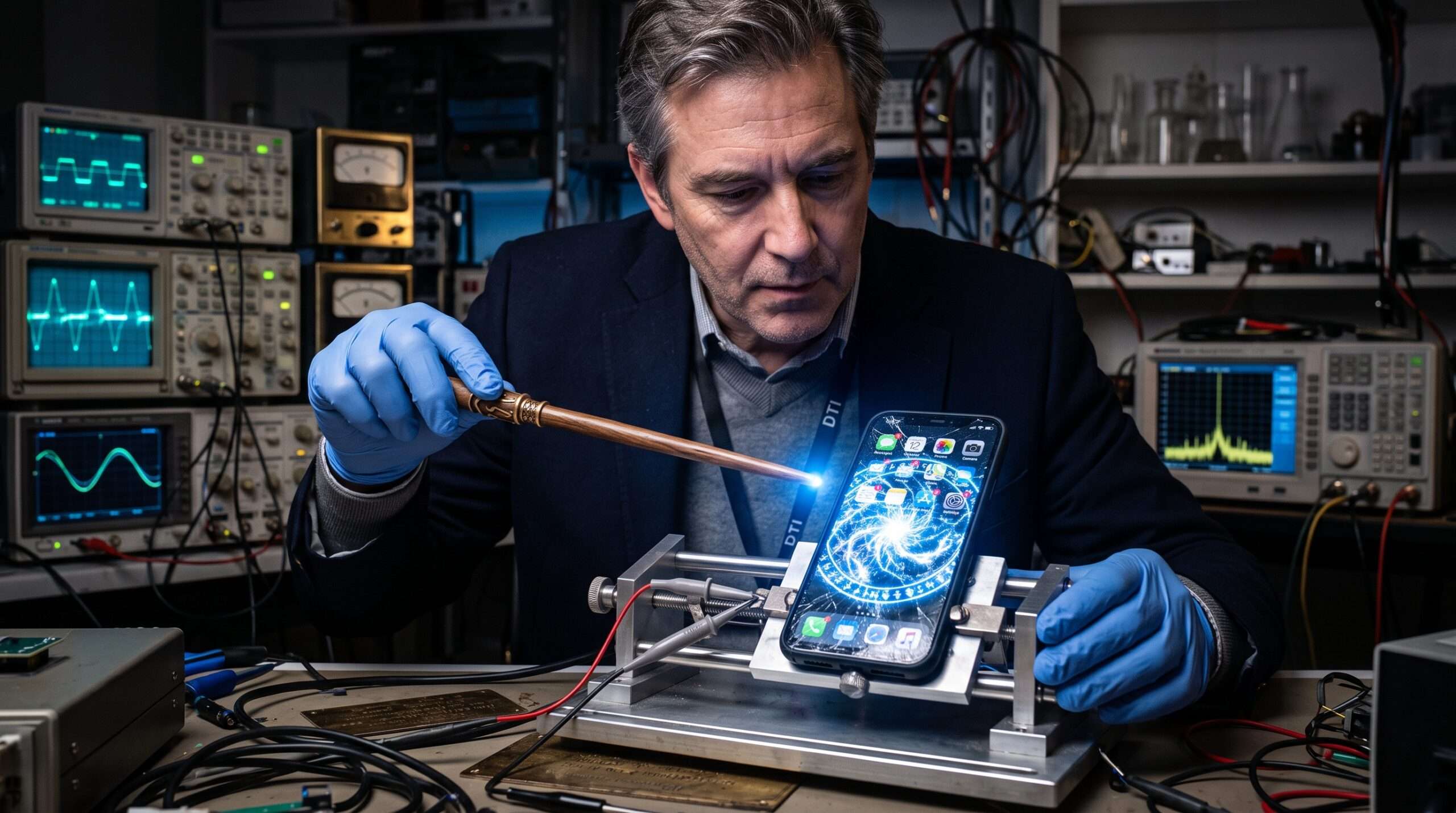 A close-up lab photo showing a wizard's wand disrupting a modern smartphone's display with magical energy.