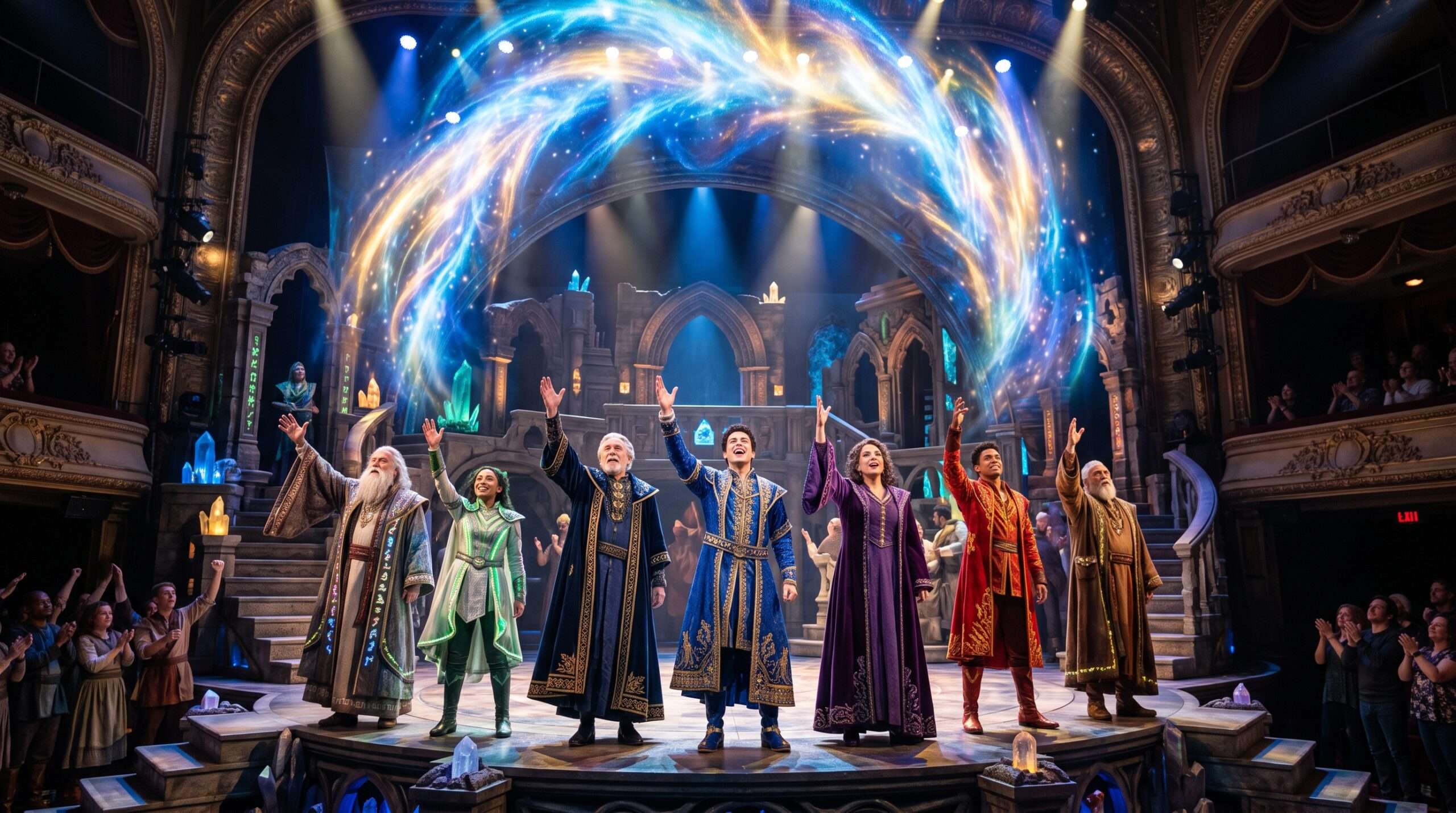 The diverse cast of Harry Potter on Broadway on the visually stunning, high-production stage set during the final emotional sequence.