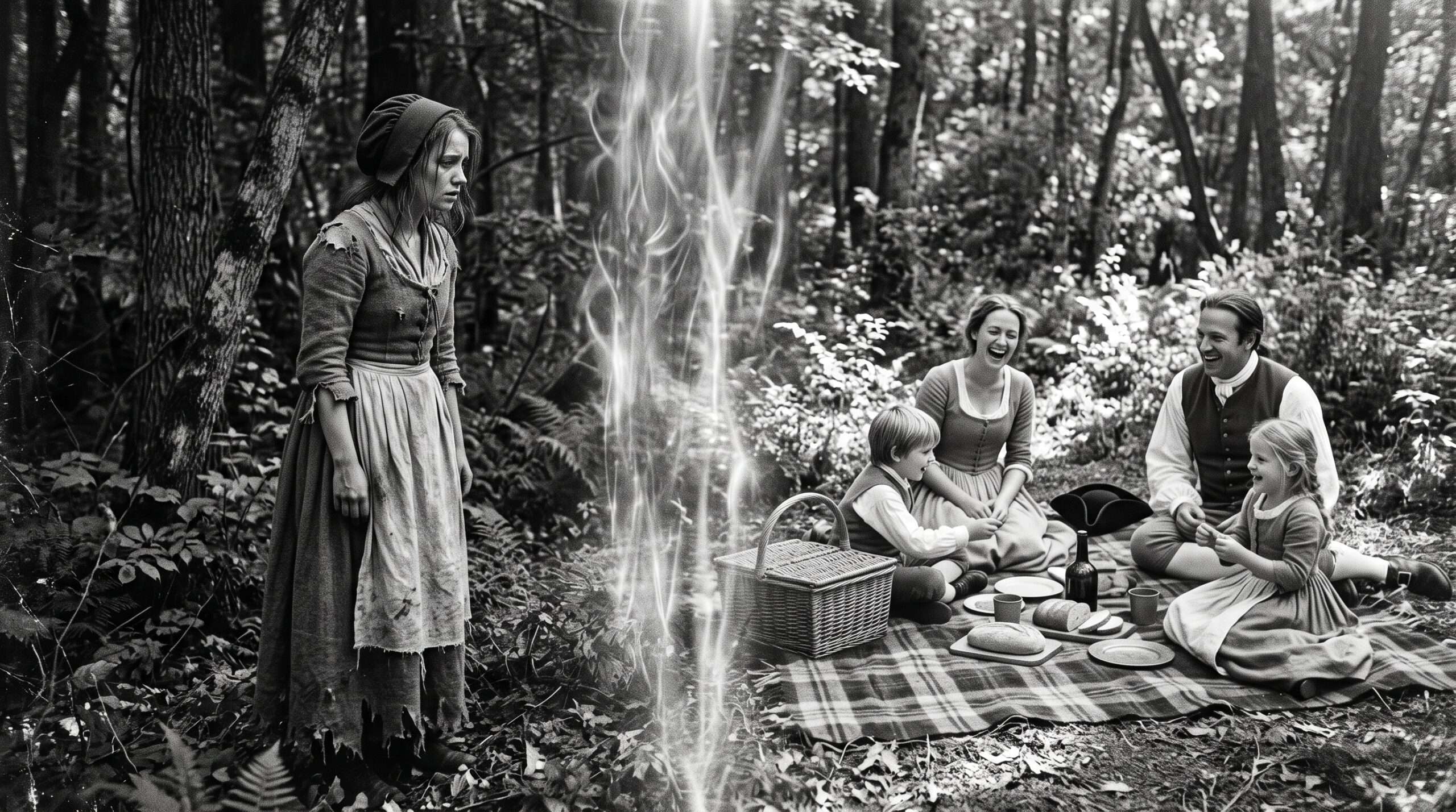 A vintage-style photo depicting a witch separated by a magical barrier from a No-Maj family, representing Rappaport's Law.