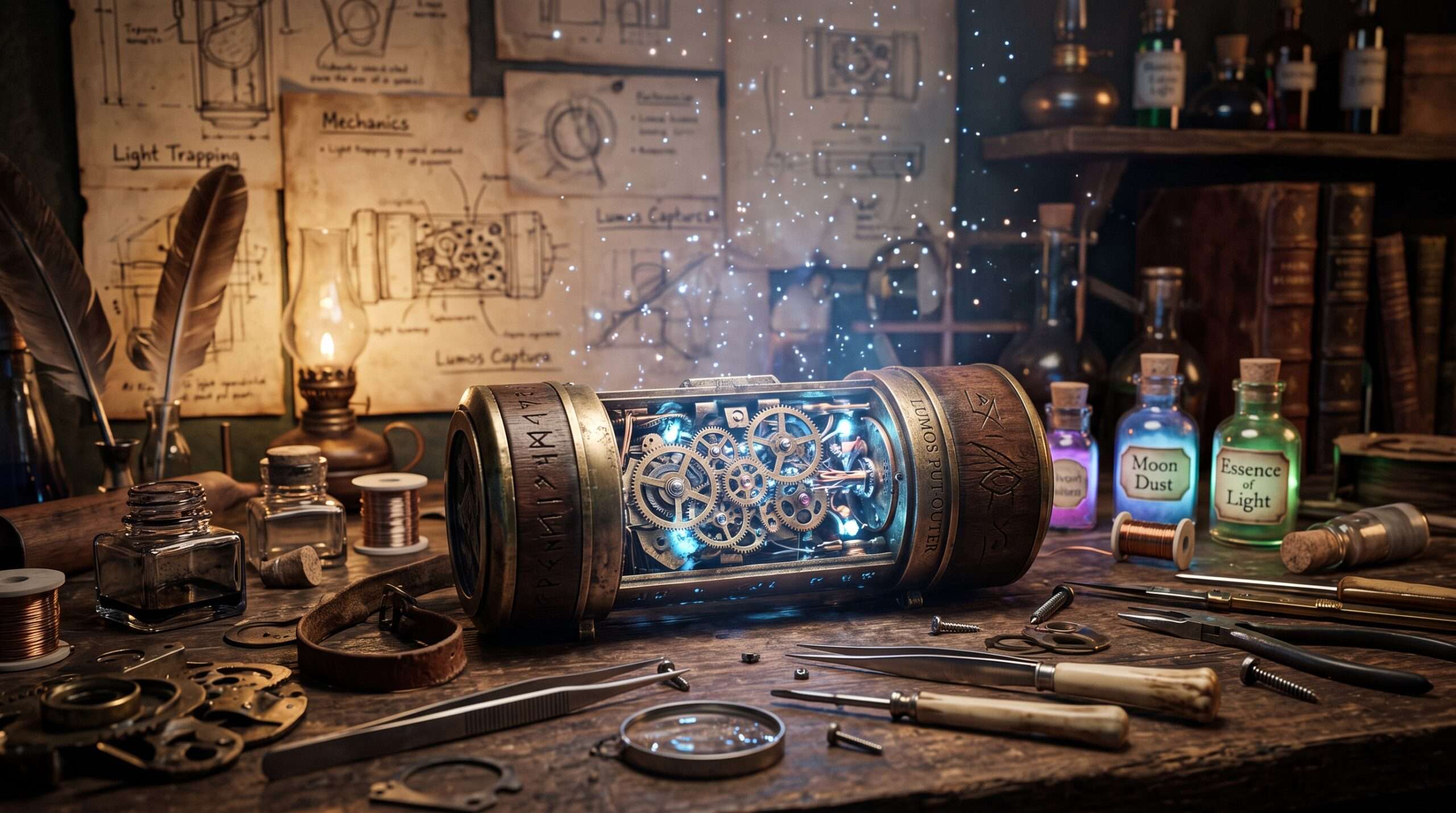 Close-up of the Deluminator magical device being repaired on a cluttered wizarding workbench.
