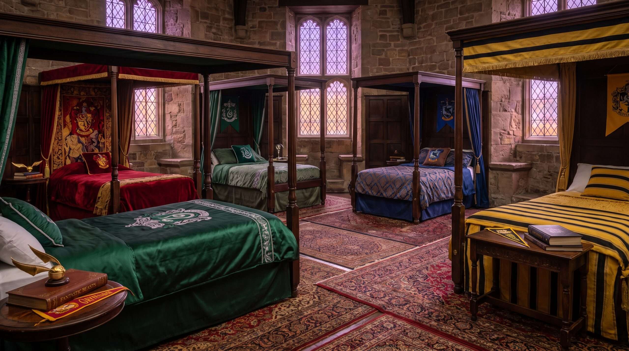 An interior photograph of a Harry Potter-themed Airbnb room in Philadelphia, showing beds with red, green, blue, and yellow bedding representing Hogwarts houses.