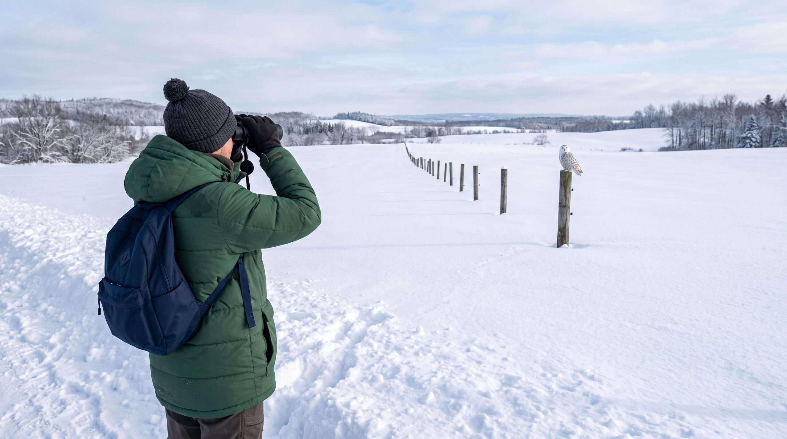 An ethical birdwatcher observing a wild snowy owl from a distance during winter.