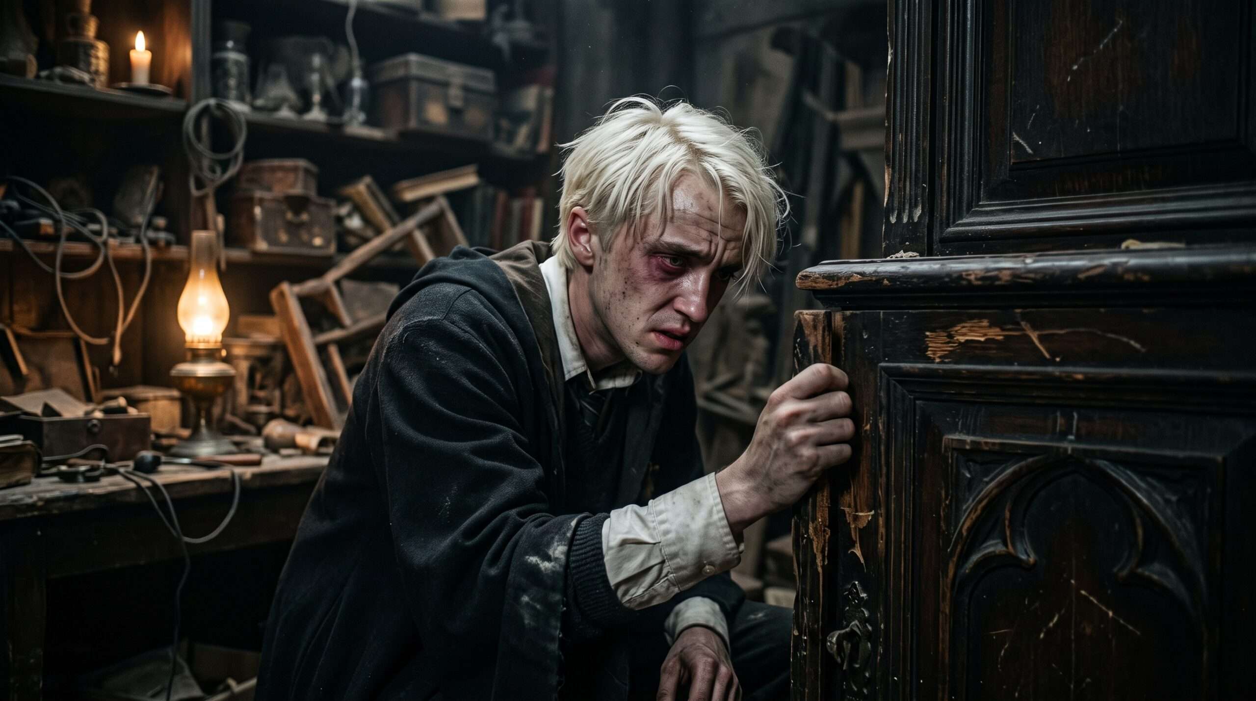 A 16-year-old Draco Malfoy, gaunt and exhausted, appearing psychologically broken while working on the Vanishing Cabinet in the Room of Requirement.