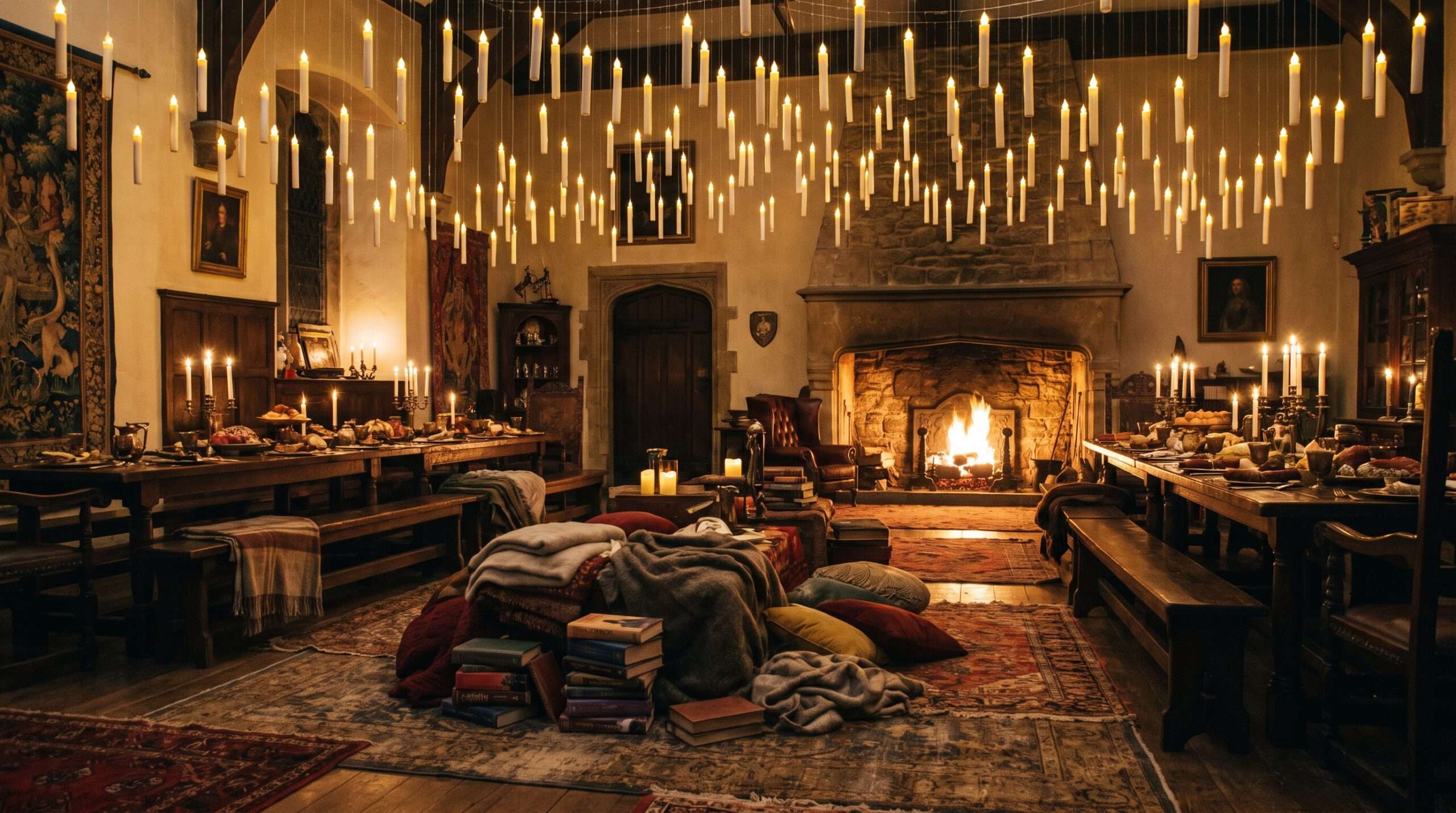 A cozy view of a room prepared for reading, featuring dozens of flickering LED candles floating from the ceiling.
