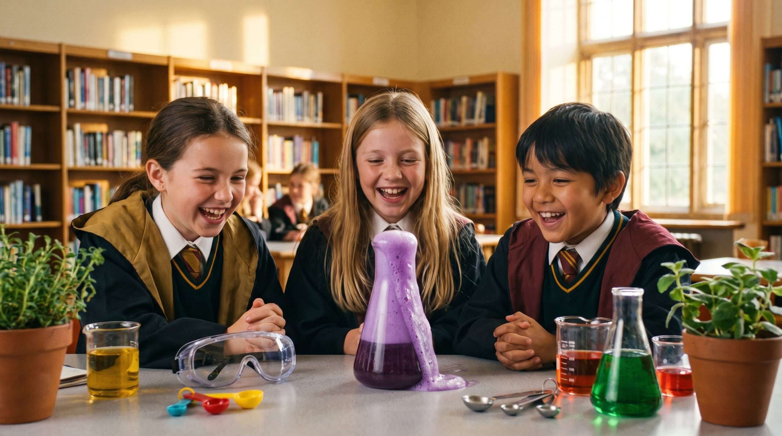 Three happy school children in robes conduct a colorful, bubbling foam science experiment at a table in a library.