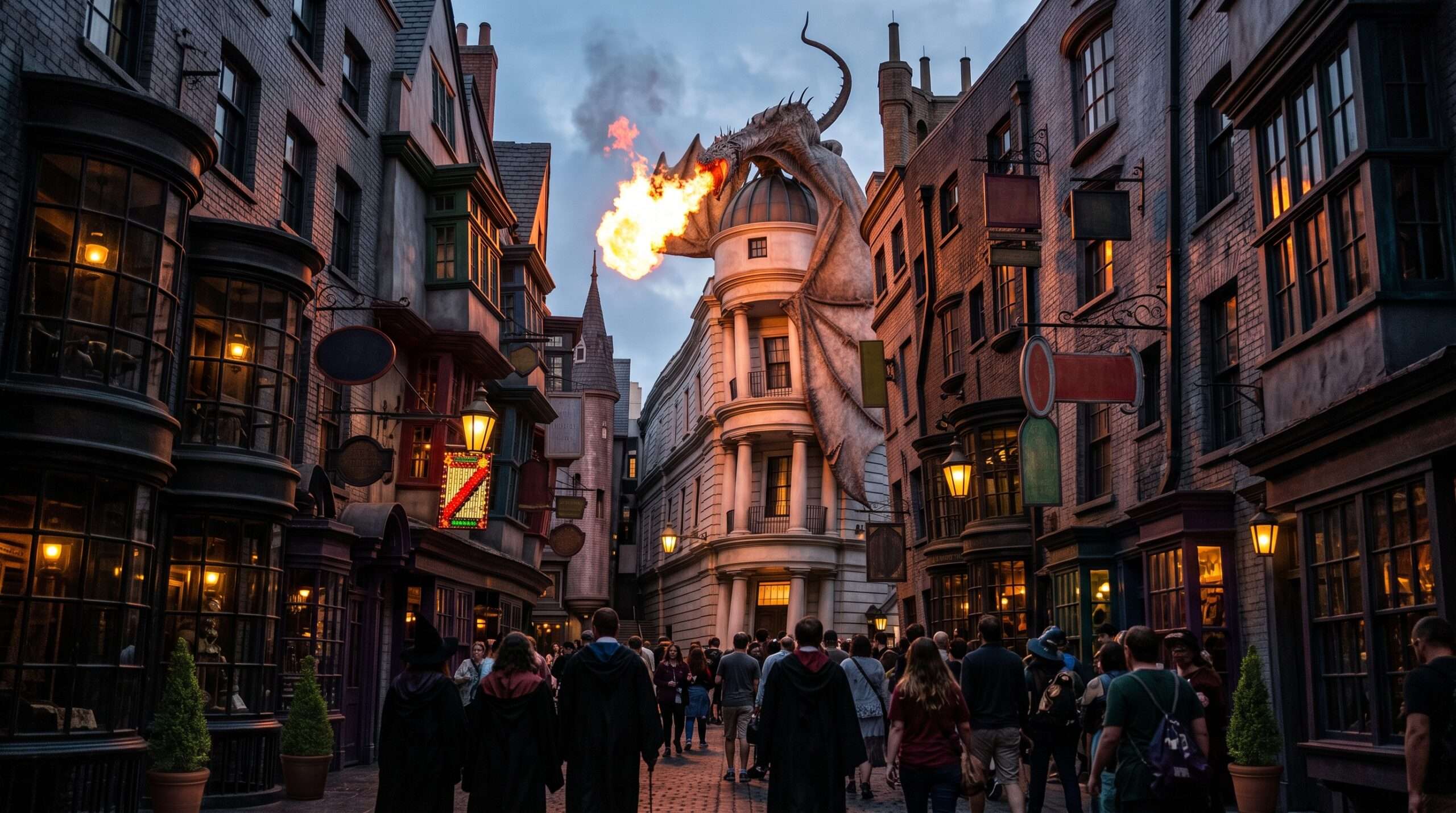 The Gringotts dragon breathes fire over Diagon Alley, Universal Studios Florida.