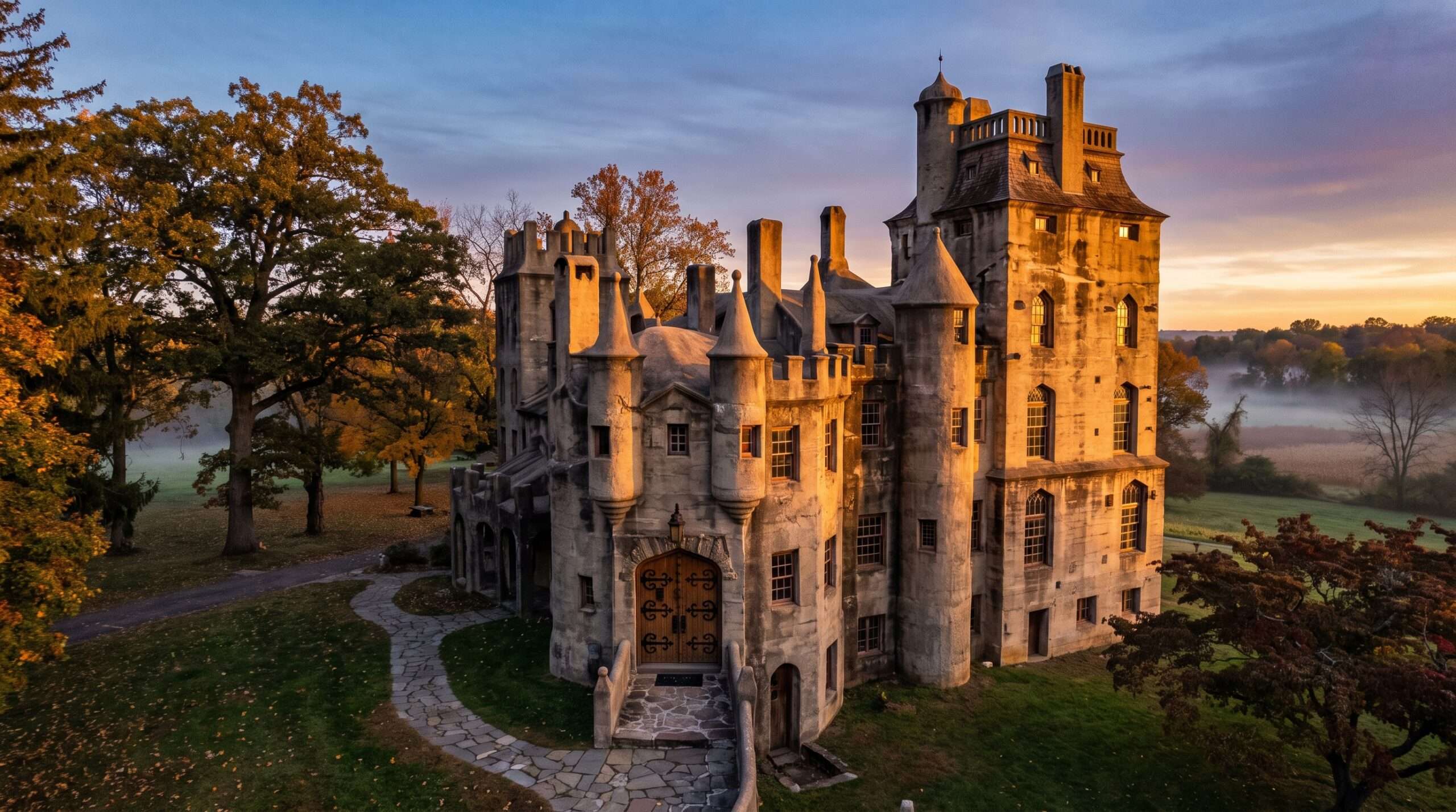 A photograph of the unique, concrete Fonthill Castle in Doylestown, Pennsylvania, at twilight, showing its medieval, maze-like architecture.