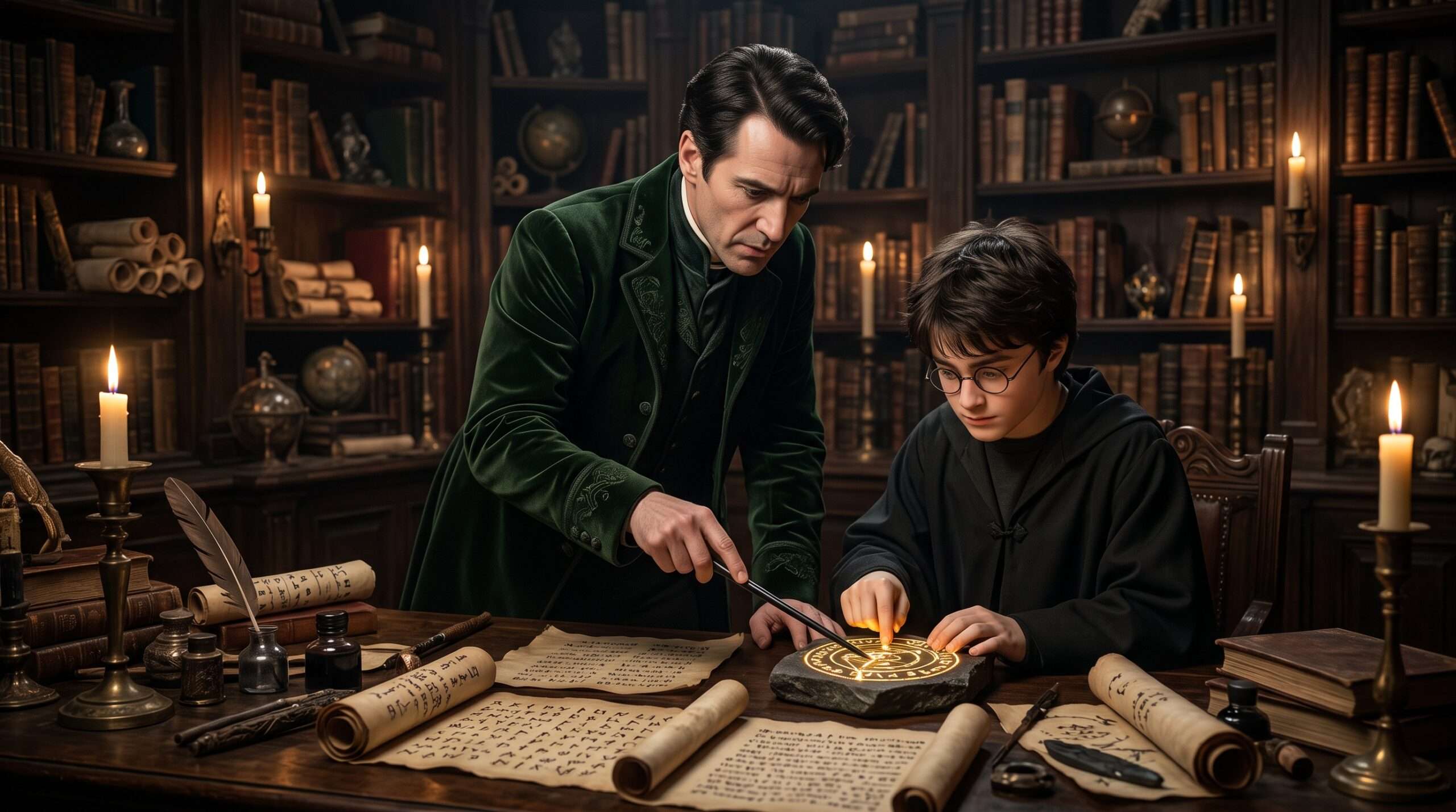 Lord Voldemort mentoring a young Harry Potter with pagan magic, fanfiction concept scene.
