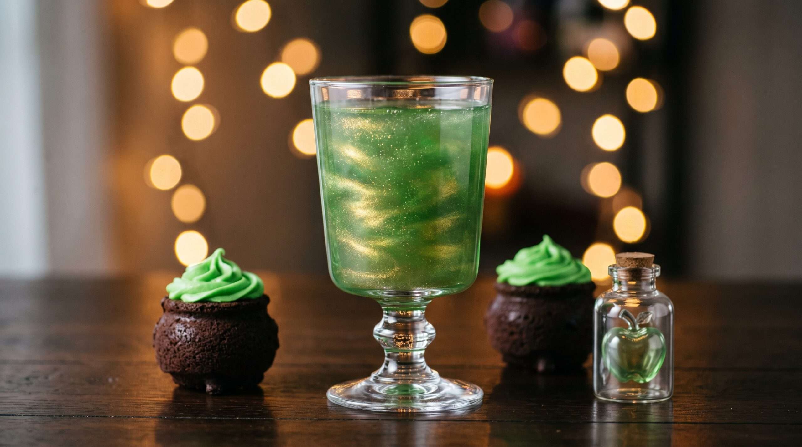 A sparkling green Polyjuice Potion drink with gold glitter and chocolate cauldron cakes on a rustic table.