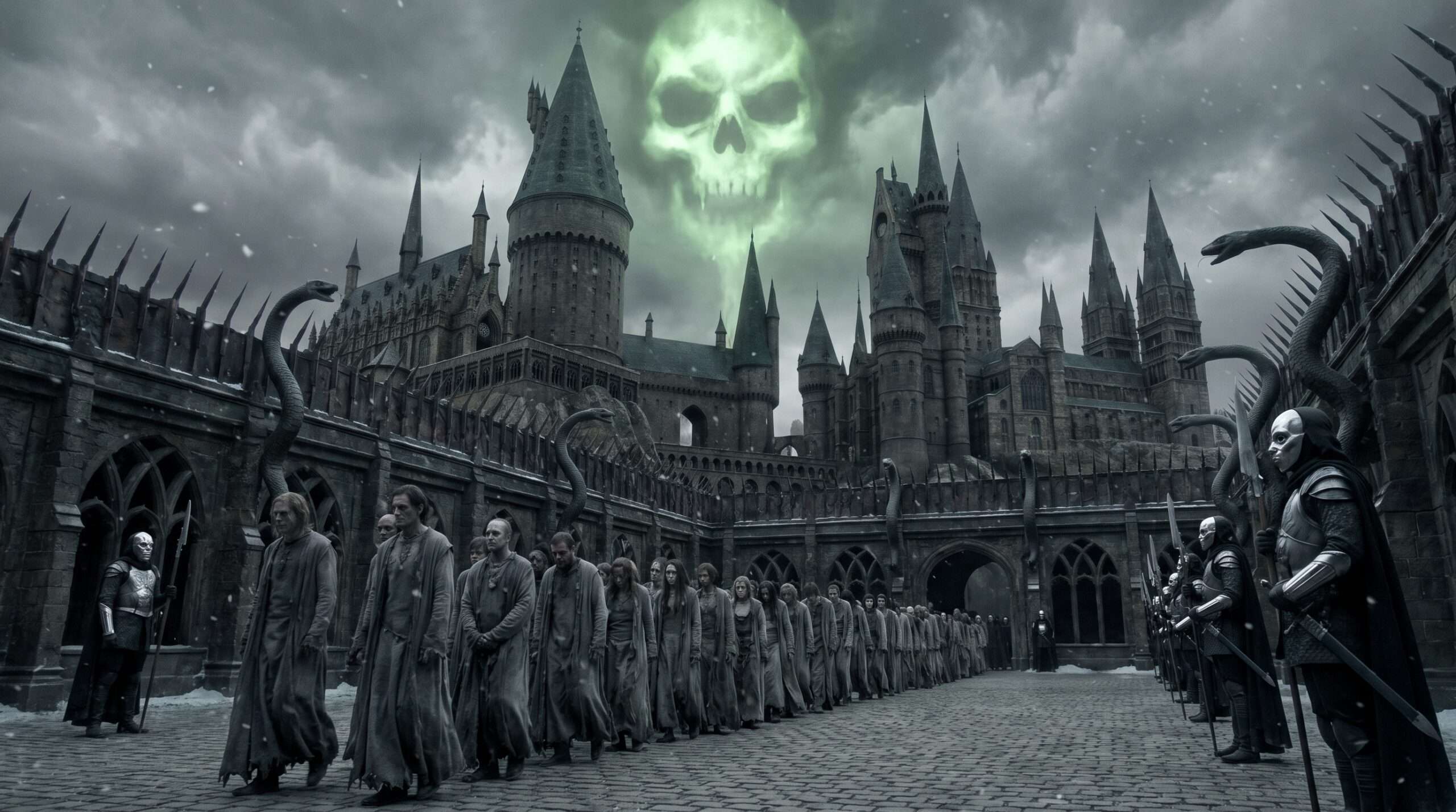 Dystopian Hogwarts castle fortress under Death Eater rule with a massive green Dark Mark in the sky, fanfiction concept scene.