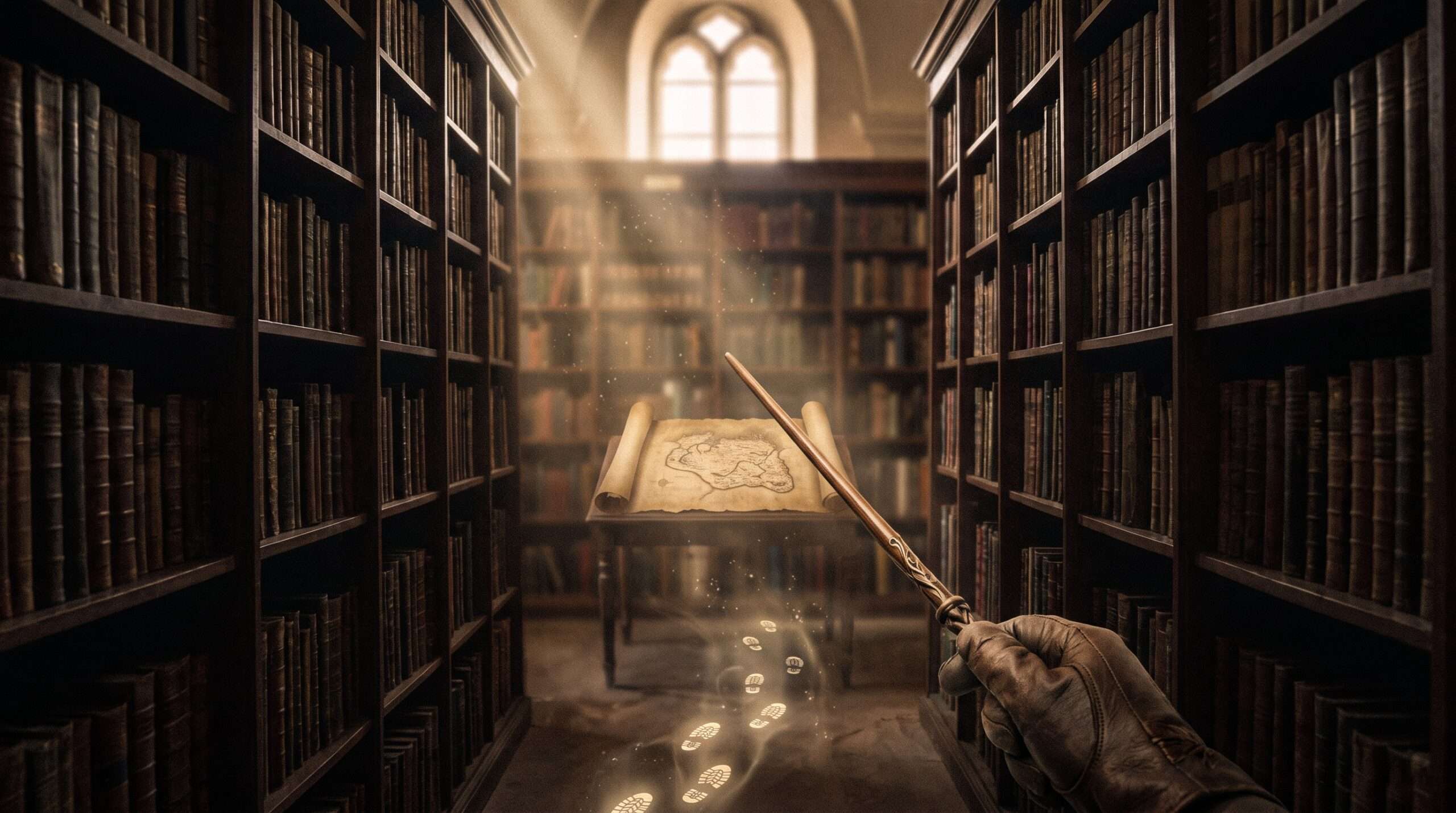 An atmospheric view of a library aisle where a hand with a wand points to a map on a table during a scavenger hunt.