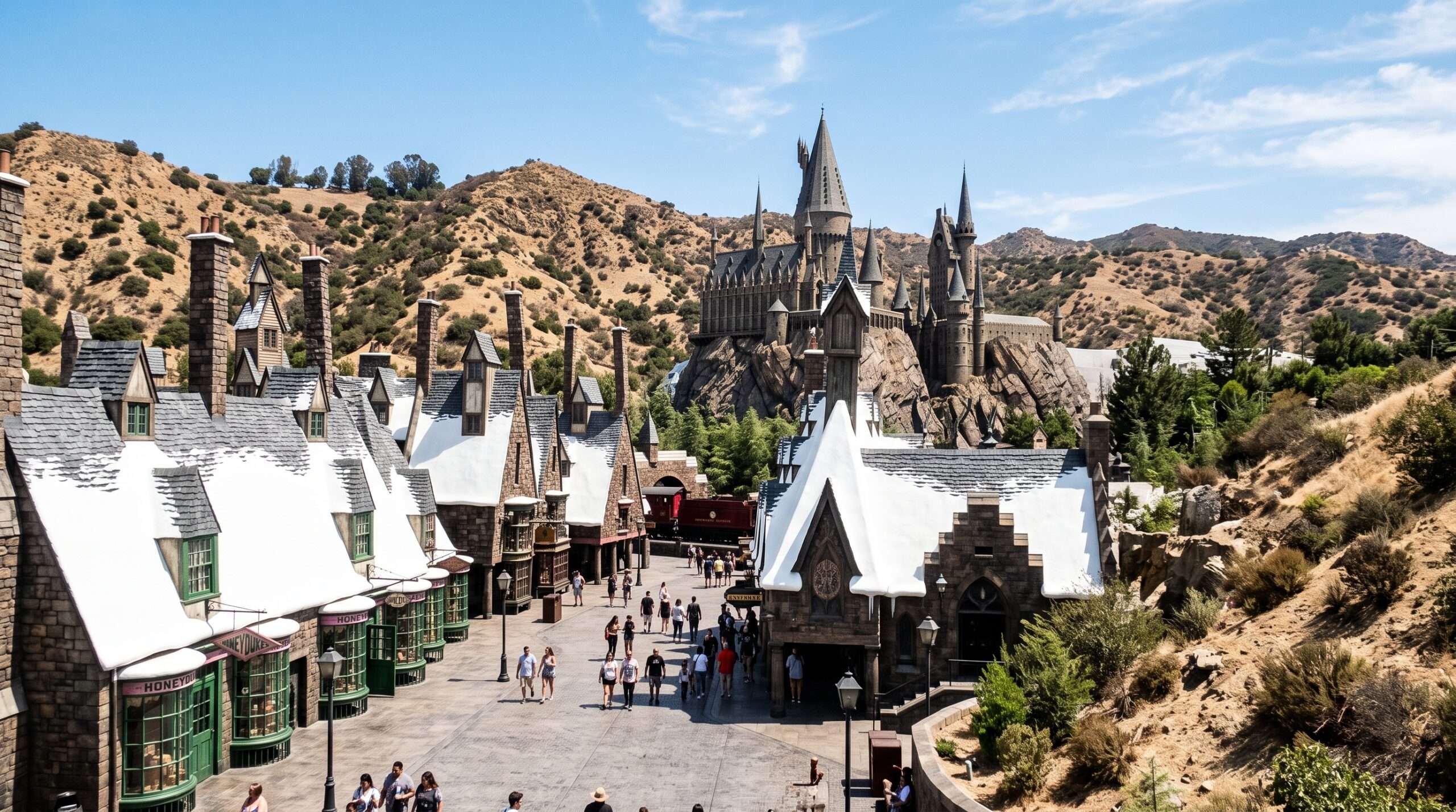 Overview of Hogsmeade Village and Hogwarts Castle at Universal Studios Hollywood, California.