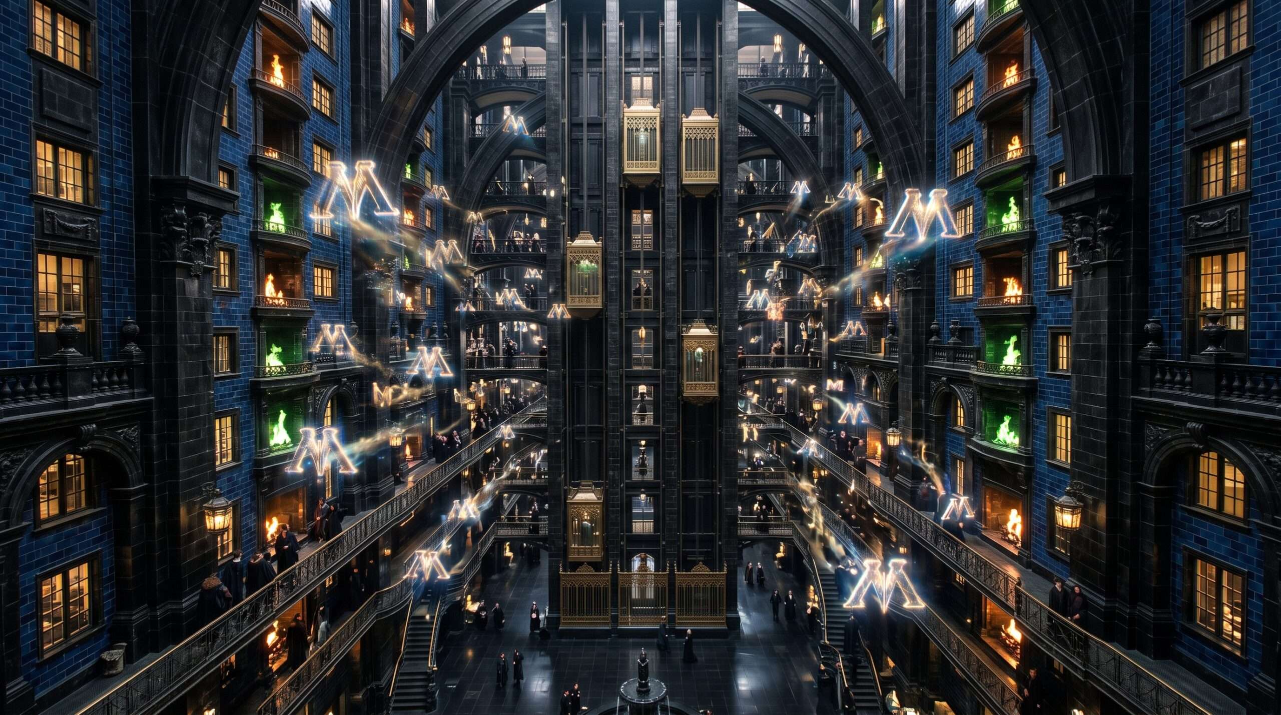 Concept art of the grand atrium of the British Ministry of Magic, Universal Epic Universe.