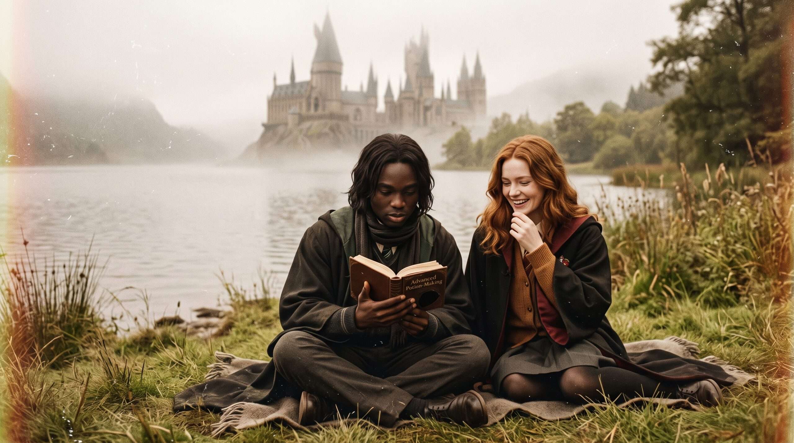 A childhood flashback scene visualization of young Severus Snape and Lily Evans by the Black Lake at Hogwarts.
