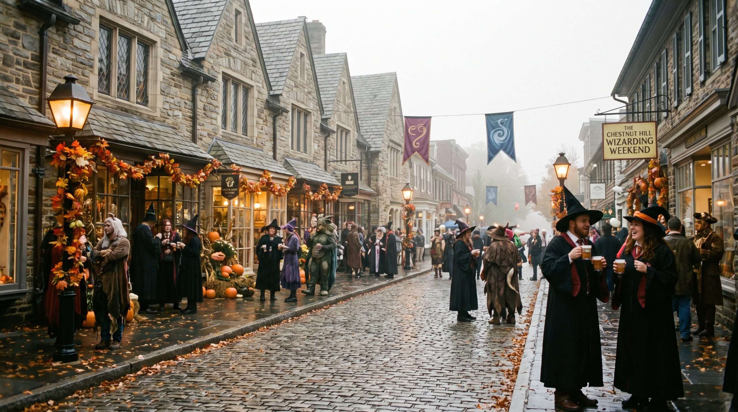 An autumn street scene in Chestnut Hill, Philadelphia, with historic buildings, cobblestones, and costumed people during the Witches and Wizards Festival.
