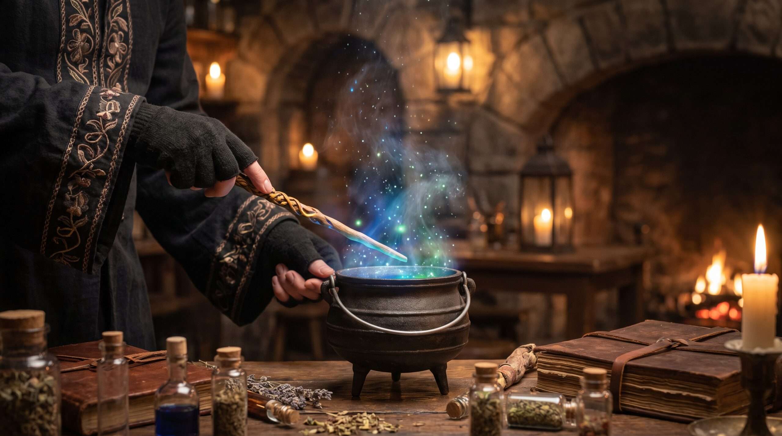 A close-up photograph of a person in a robe stirring a glowing, steaming potion with a wand inside a wizard-themed bar in Philadelphia.