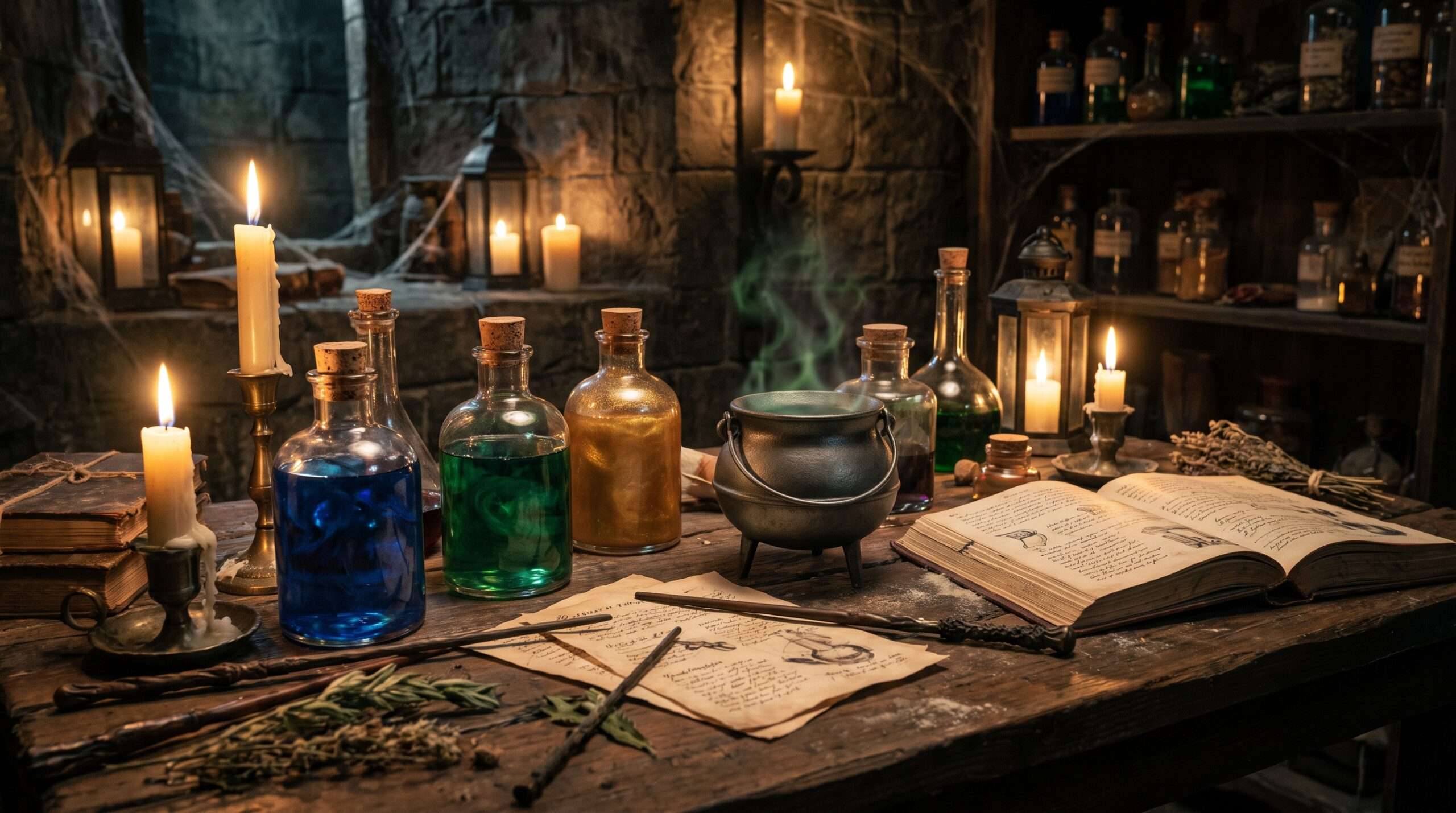 A close-up photo of an atmospheric potions workbench in a Hogwarts dungeon, featuring glass bottles with glowing liquids and a steaming cauldron.