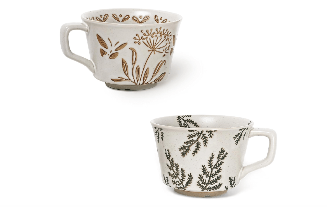 ZPGXLRZ Vintage Ceramic Mug Set - 12 oz Unique Ceramic Coffee Mugs & Tea Cups with Hand-Drawn Patterns, Dishwasher & Microwave Safe, Ideal Gift 