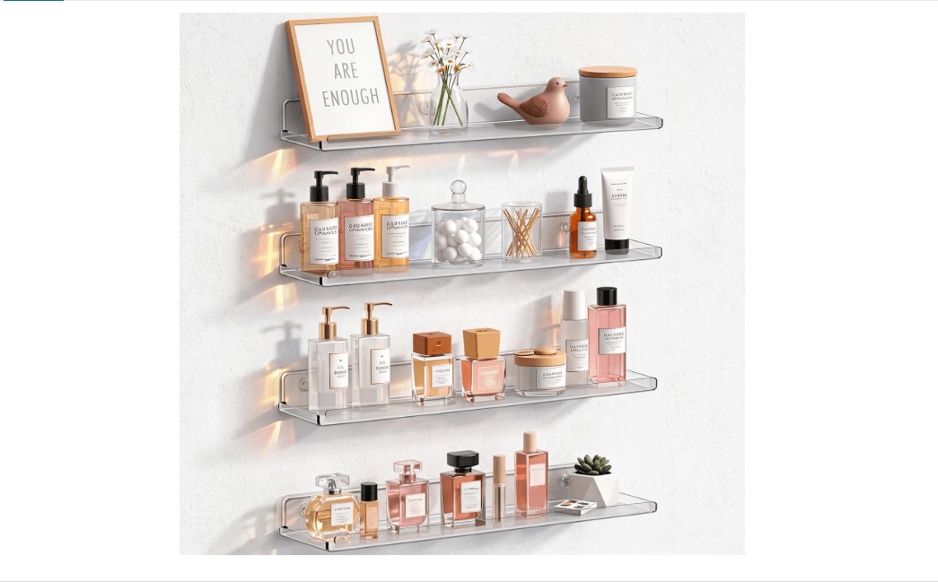 Lifewit Acrylic Floating Shelves for Bathroom 14" Clear, 4 Pack | Wall Mounted Display Shelf for Makeup, Skincare, Nail Polish, Book, Perfume Organizer... 
