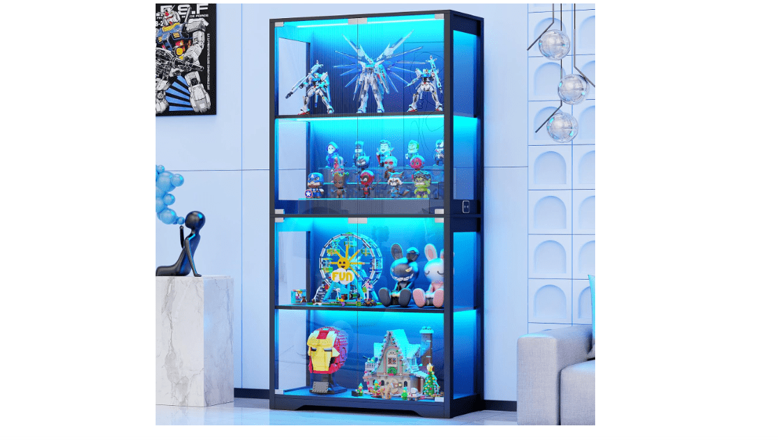 BROTTAR Display Cabinet with Glass Doors, 4-Tier Display Case, Black | Curio Cabinet with 3 Color Lights for Collectibles, Storage Cabinets with Human Body...
