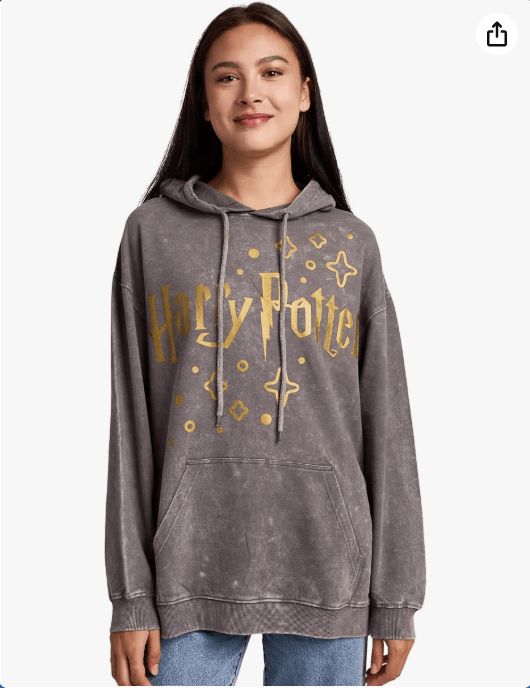 Bioworld Harry Potter Stars & Hogwarts Crest Women's Gray Mineral Wash Long Sleeve Fleece Hooded Sweatshirt