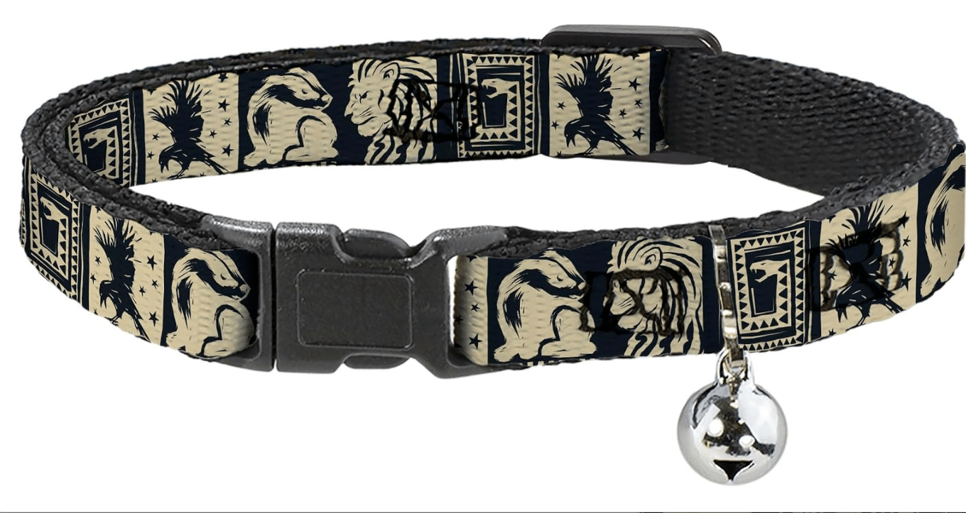 Harry Potter Breakaway Cat Collar | Harry Potter Hogwarts House Patch Blocks Tan Black Durable Adjustable Bell ID Tag Ring