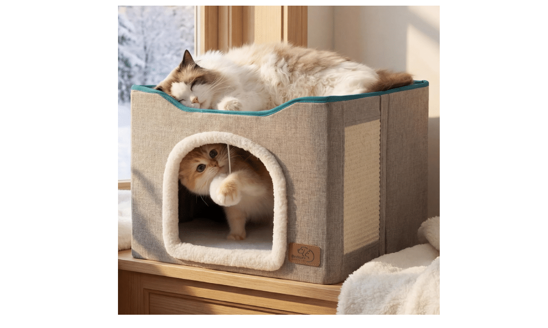 Bedsure Cat House Bed for Indoor Cats with Fluffy Ball and Scratch Pad,Grey | 16.5x16.5x13 in,Large cat cave for multiple pets,Foldable cat hideway cube for...