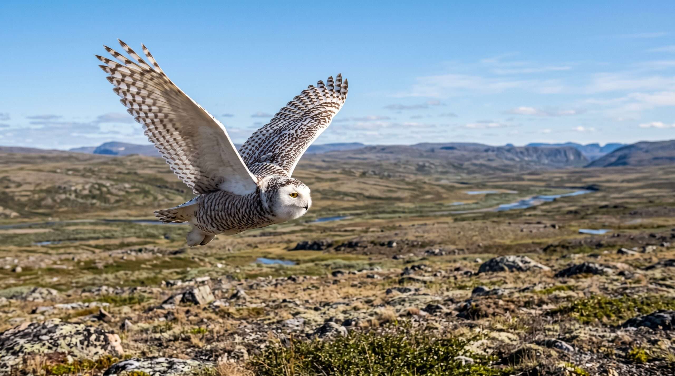 A wild female snowy owl hunting over the Arctic tundra during the day.