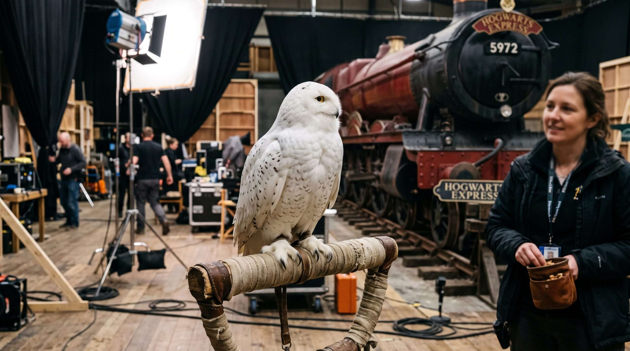 A trained male snowy owl, who played Hedwig, perched on a movie set soundstage.