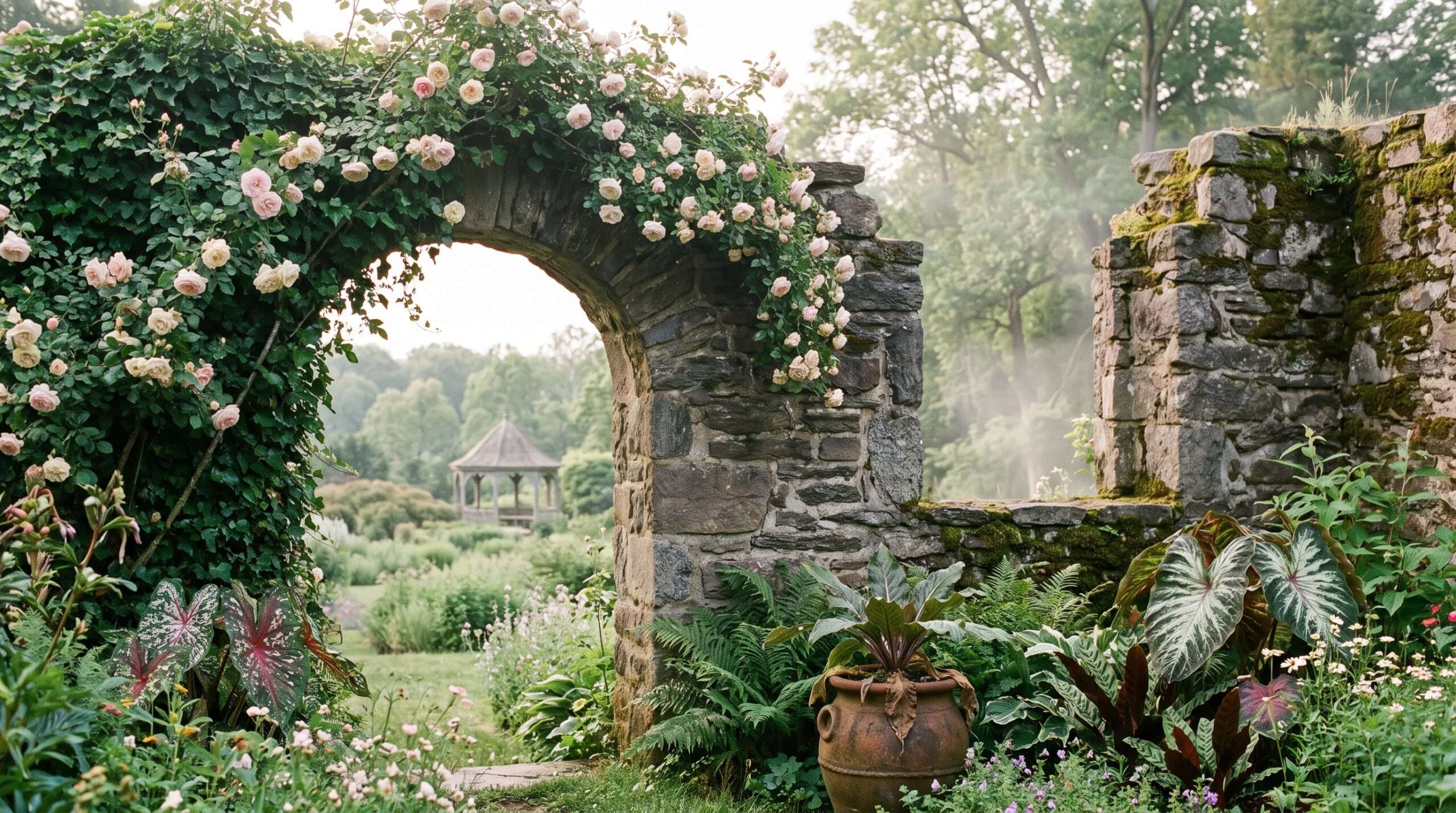 A photograph of ivy-covered stone ruins and exotic plants in Chanticleer Garden, Pennsylvania, creating a wizarding Herbology atmosphere.