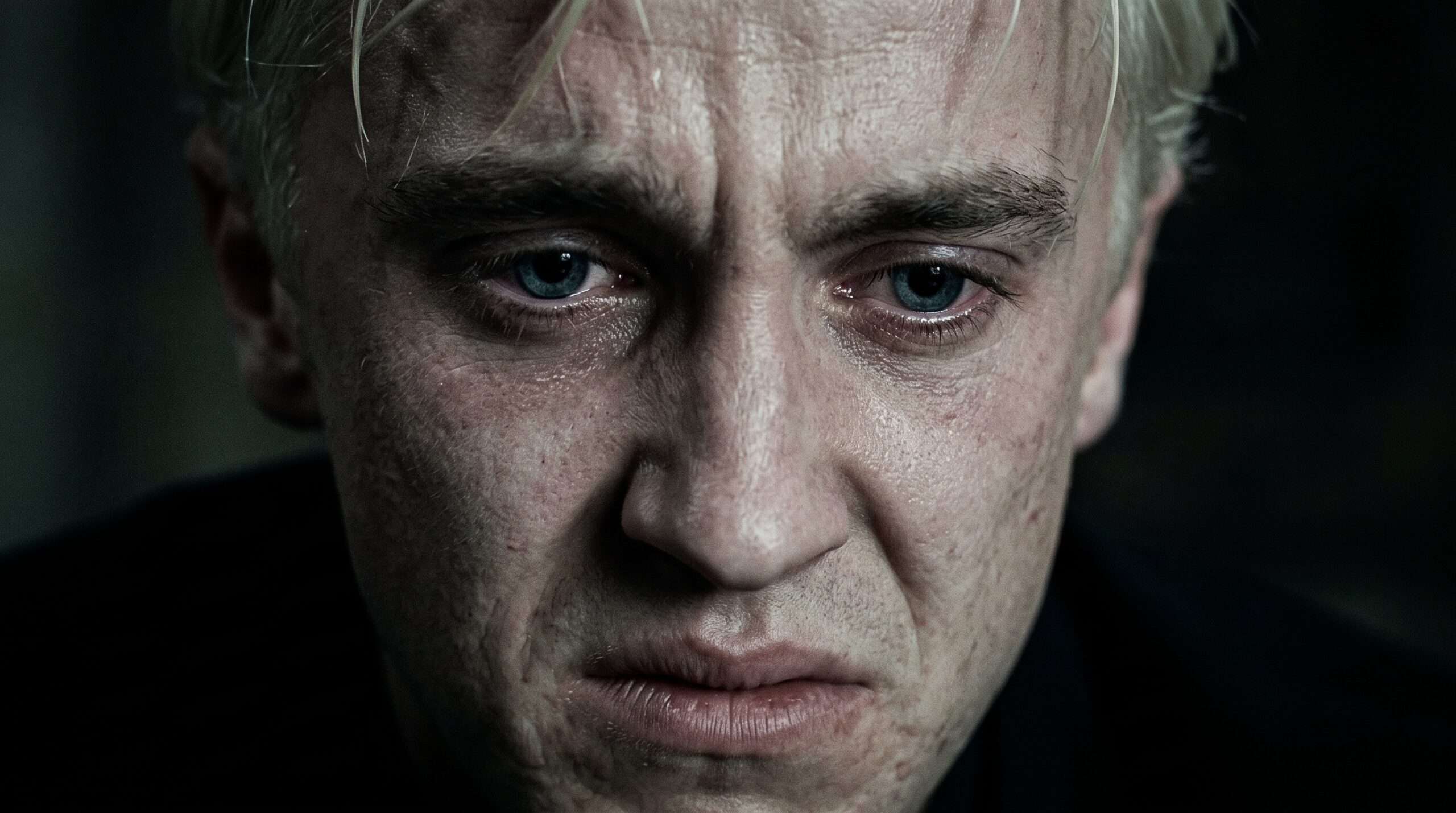 A close-up cinematic shot focusing on teenage Draco Malfoy's face during the skirmish at Malfoy Manor, capturing his profound hesitation to identify Harry Potter.