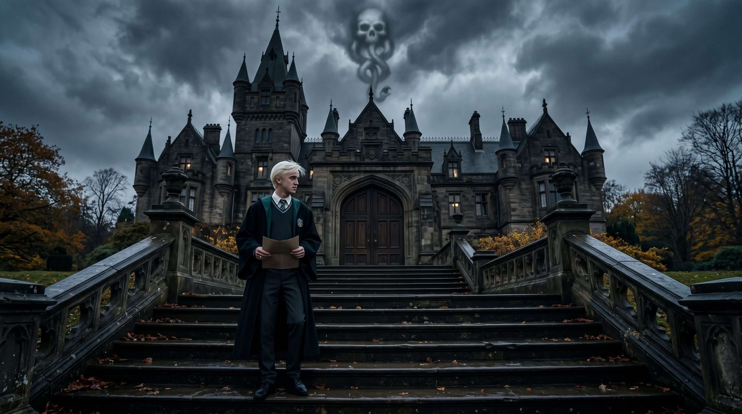 A portrait of a young teenage Draco Malfoy, exhibiting pure-blood pride and a sense of entitlement within the Slytherin dungeon common room.