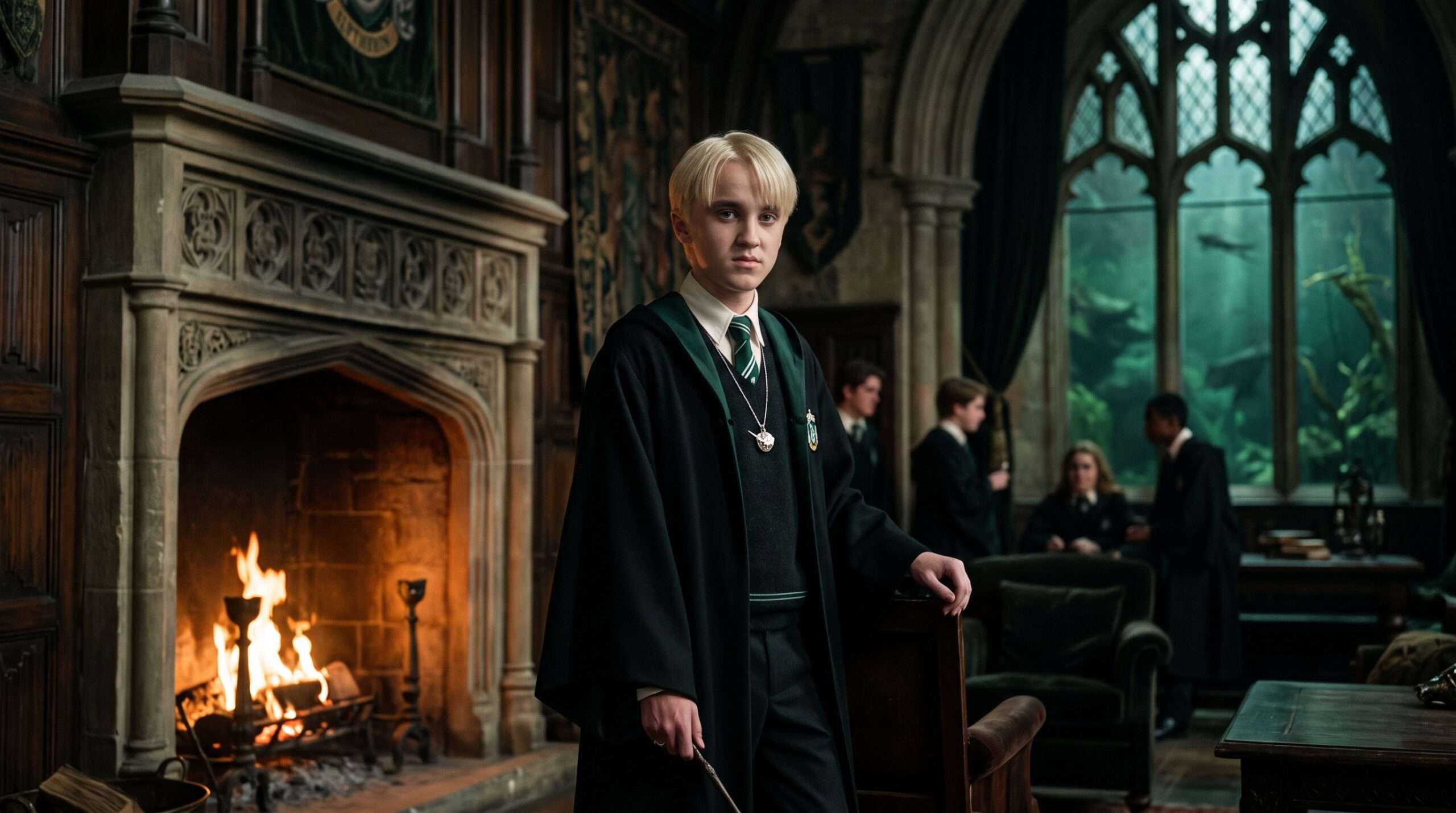 A 15-year-old Draco Malfoy looking conflicted and worried on the steps of Malfoy Manor, illustrating the transition from school bully to coerced servant.