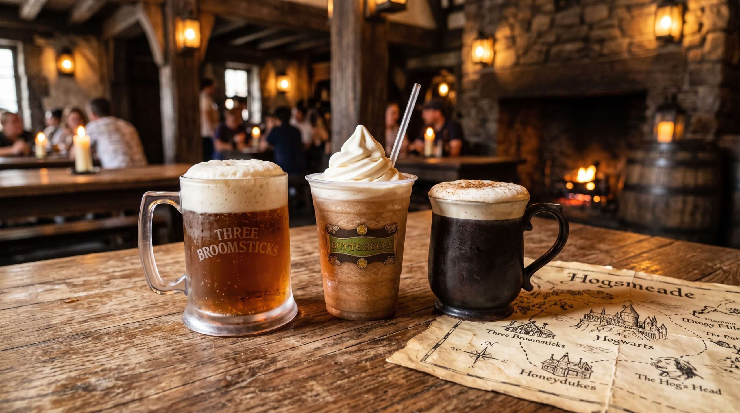 Three types of Butterbeer (cold, frozen, and hot) available at The Wizarding World of Harry Potter theme parks.