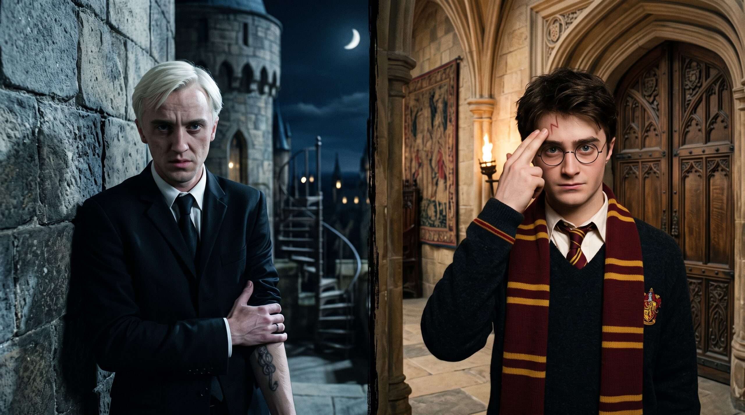 A comparative, split-panel image contrasting teenage Draco Malfoy (marked by Voldemort) and Harry Potter (marked by prophecy), highlighting their parallel psychological burdens.