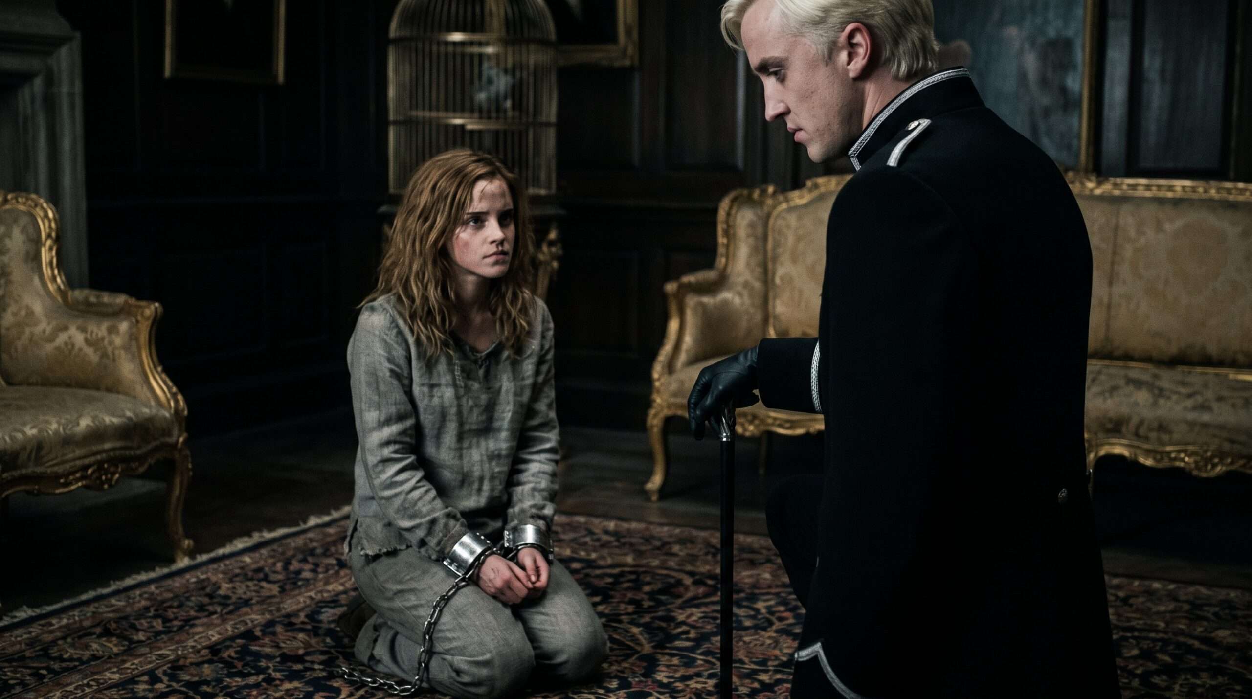 Hermione Granger kneeling in chains before Draco Malfoy in his High Reeve uniform, fanfiction scene inspired by Manacled.