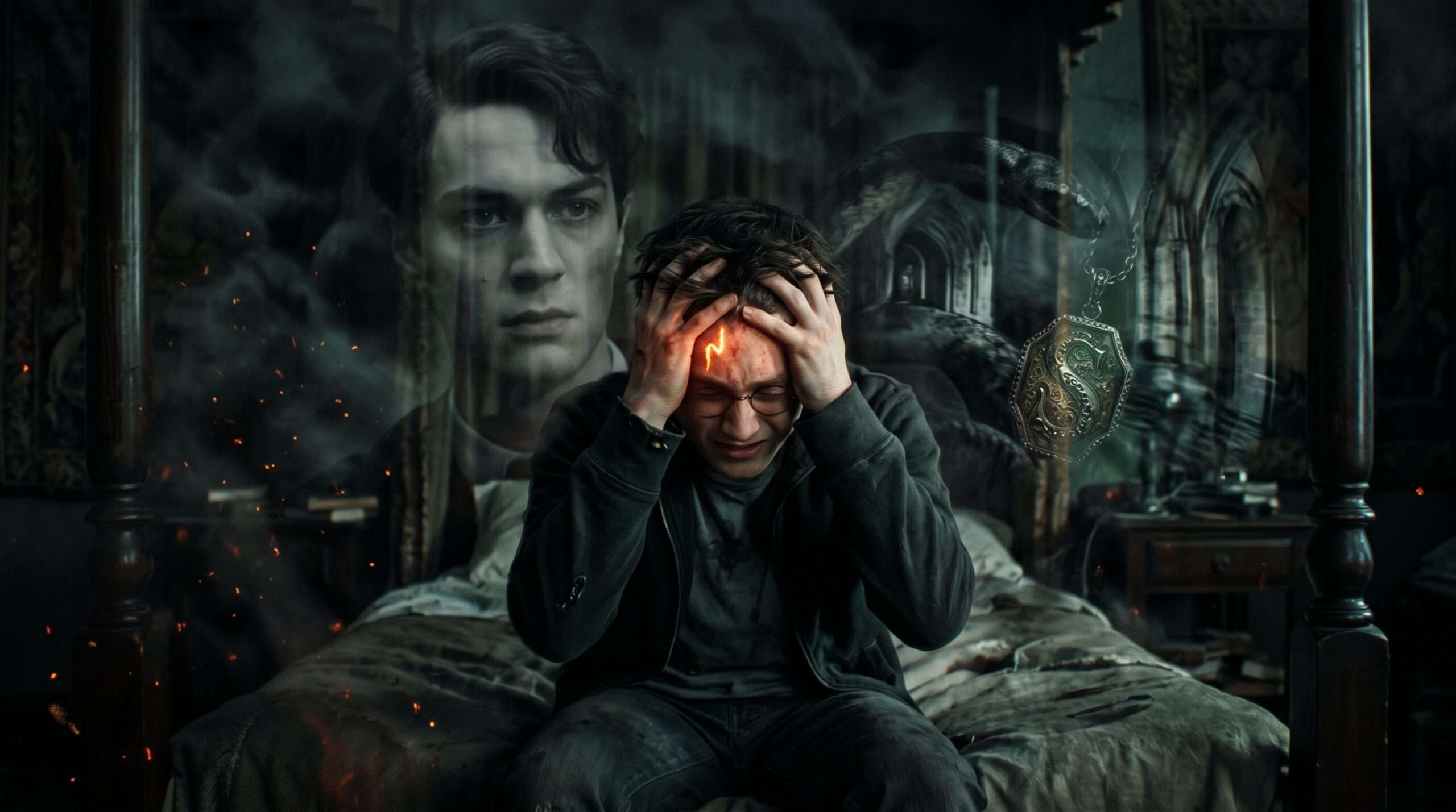 Double-exposure cinematic shot of Harry Potter clutching his forehead in pain as ghostly, dark visions of Tom Riddle and snakes swarm his mind.