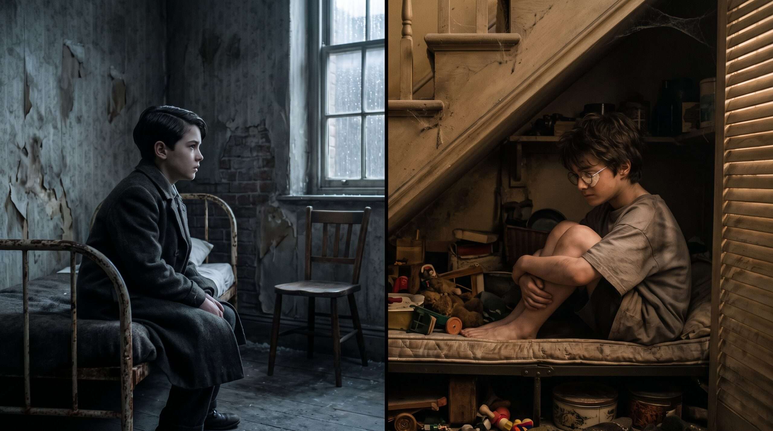 Split-screen photo contrasting a young Tom Riddle in a bleak 1930s orphanage and a young Harry Potter in his cramped cupboard under the stairs.