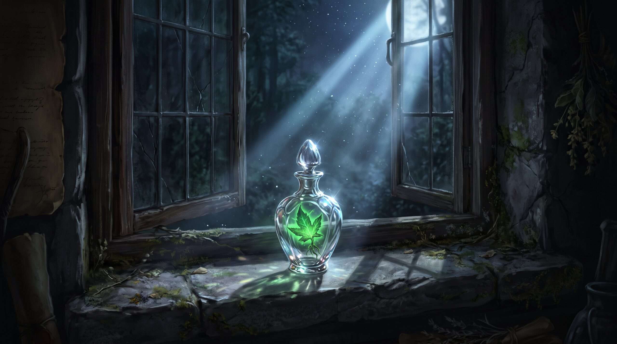 A crystal phial containing a glowing mandrake leaf bathed in moonlight for the Animagus transfiguration ritual.