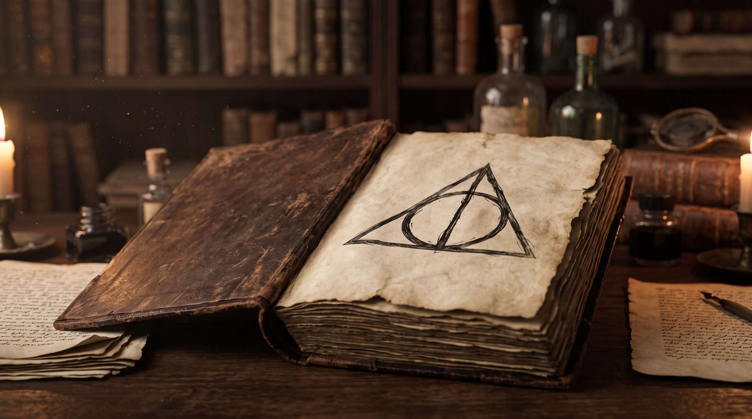 A close-up natural light photo of a hand-drawn Deathly Hallows symbol in an ancient leather-bound wizard's book on a cluttered study desk.