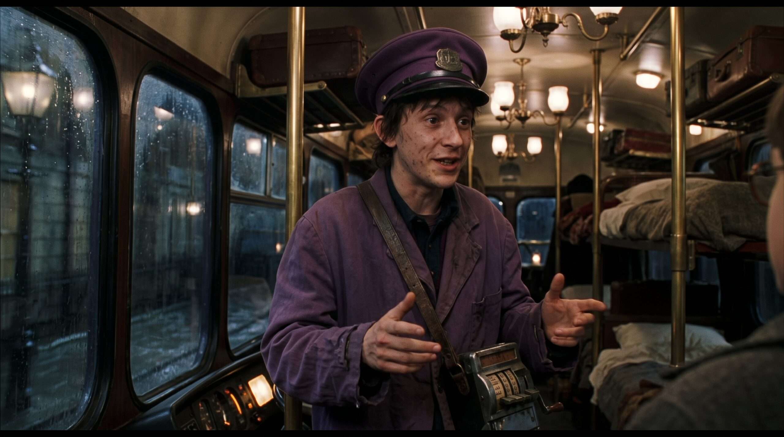 Stan Shunpike as the young, quirky Knight Bus conductor inside the triple-decker bus at night.