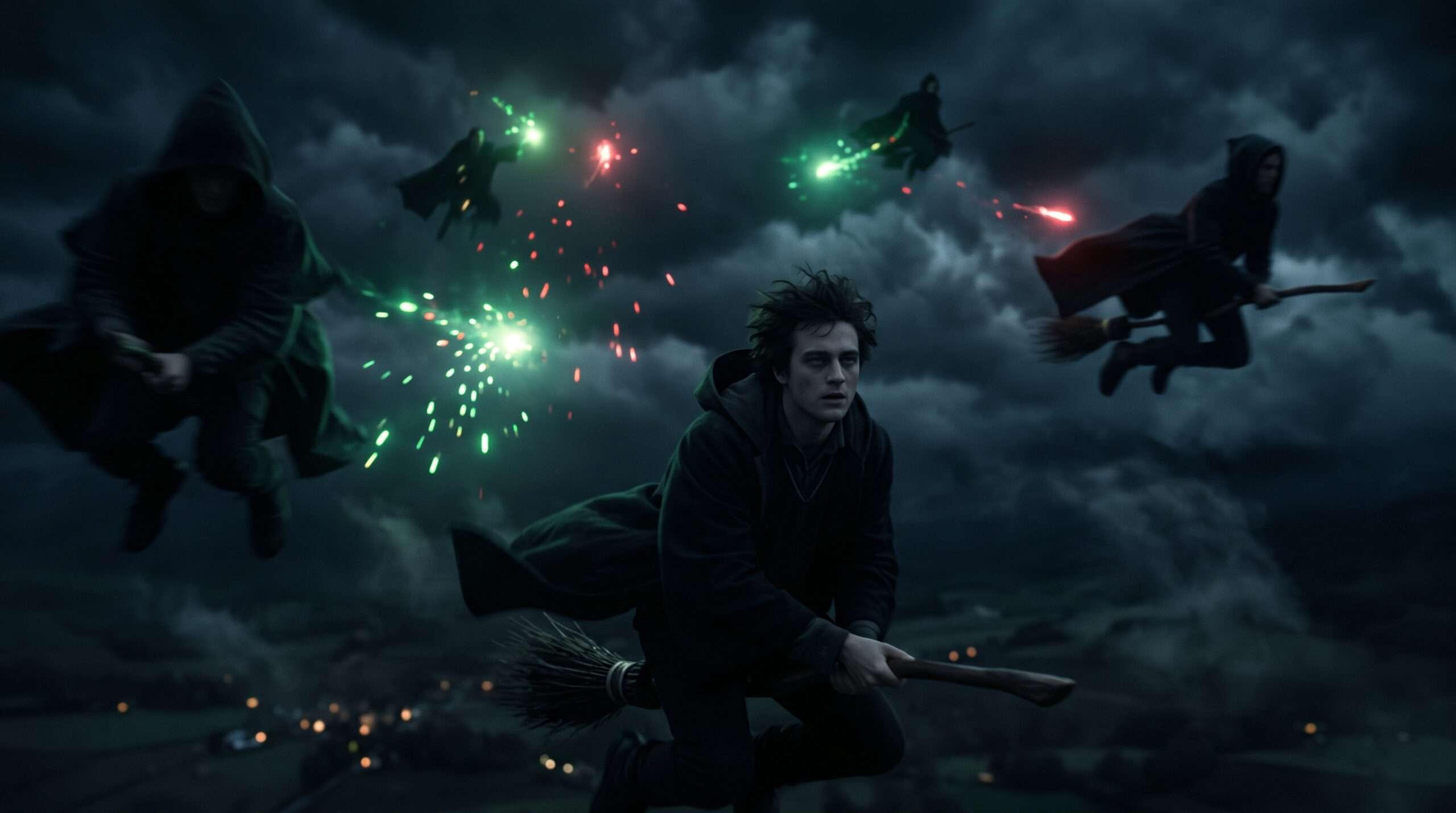A chaotic wizarding aerial battle at night during the Battle of the Seven Potters with witches and wizards on broomsticks.